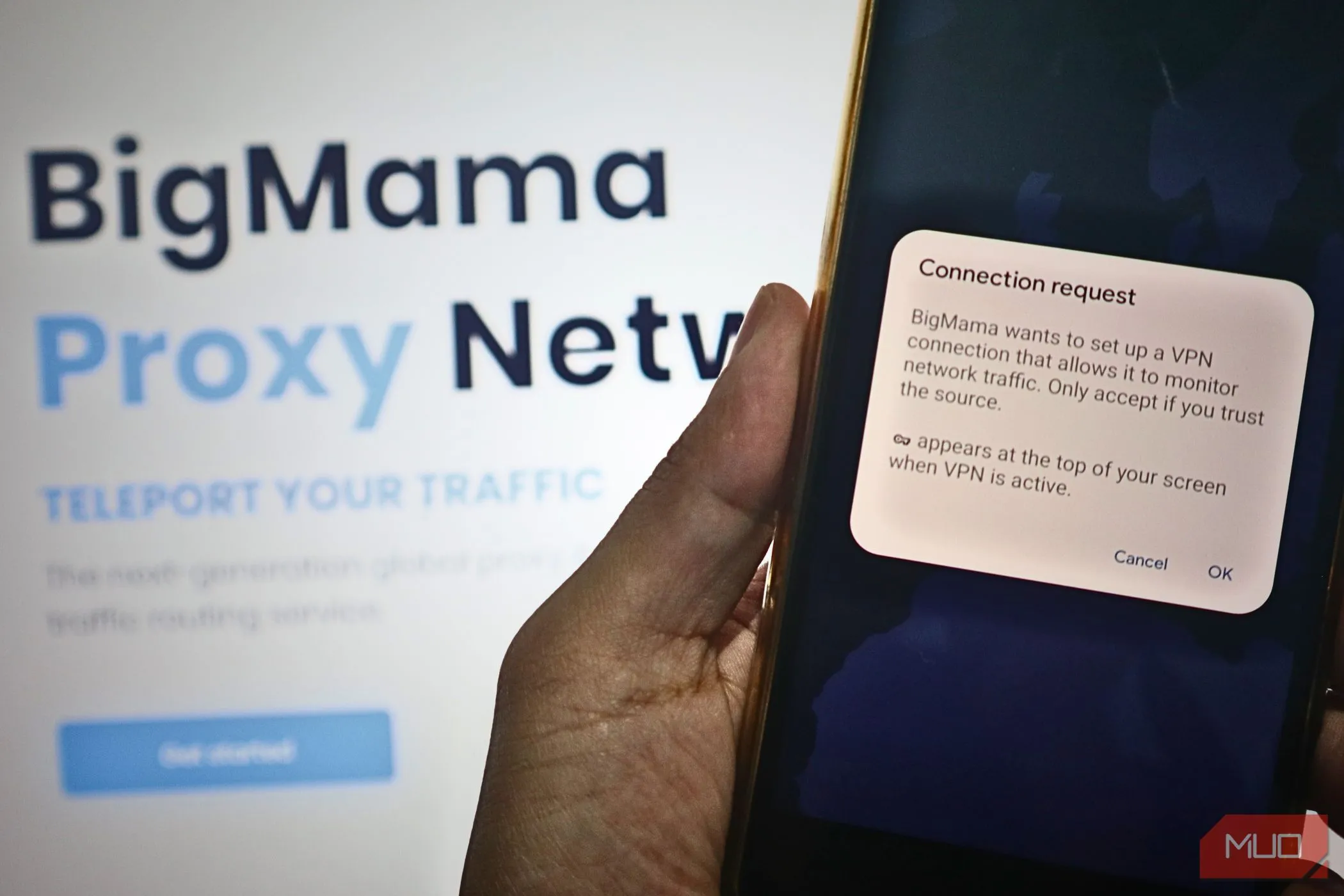 Giao diện ứng dụng BigMama VPN hiển thị yêu cầu kết nối, minh họa rủi ro tiềm ẩn khi sử dụng các dịch vụ VPN miễn phí có thể chia sẻ IP của bạn.