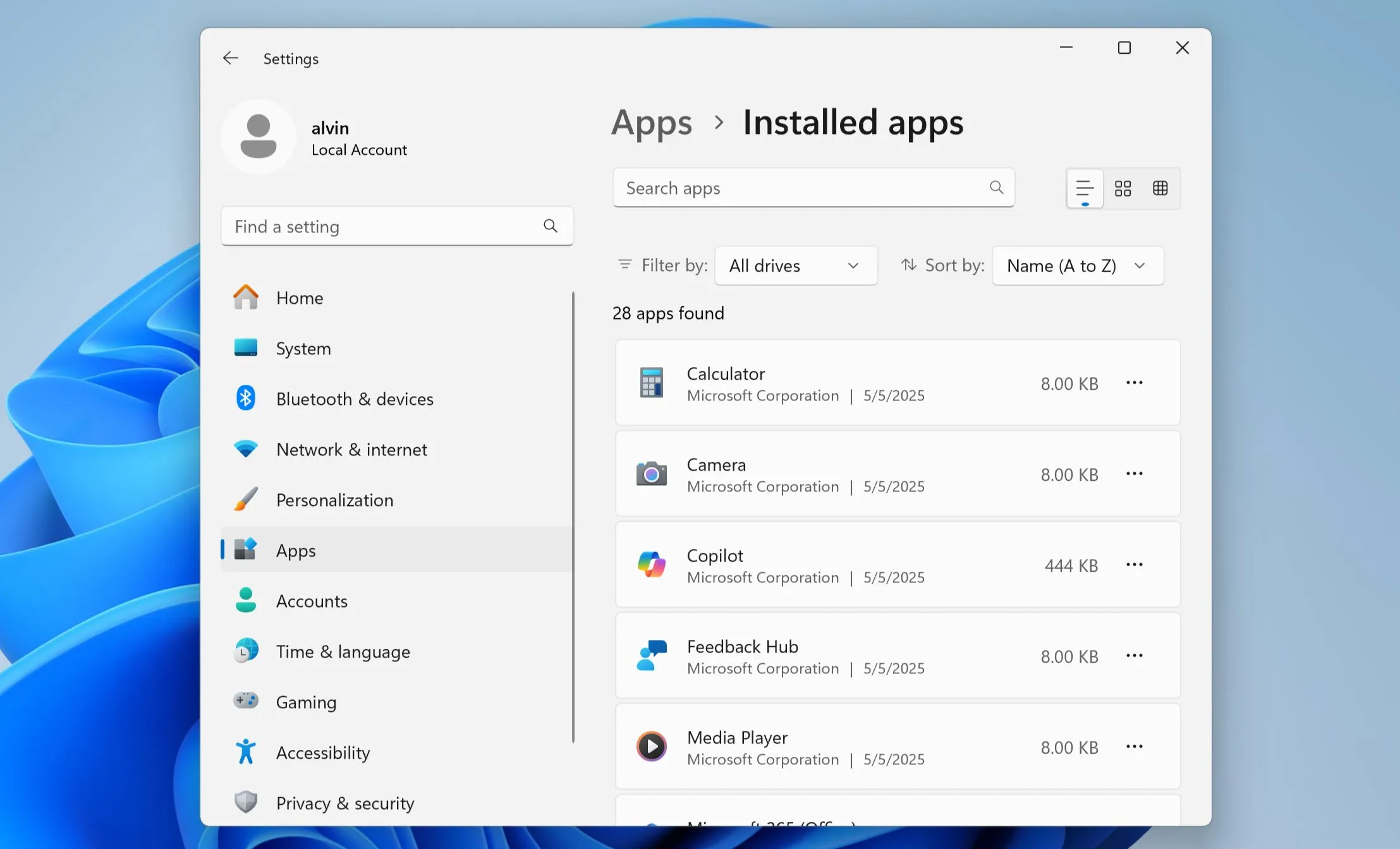 Giao diện ứng dụng Cài đặt của Windows 11 hiển thị danh sách các ứng dụng đã cài đặt