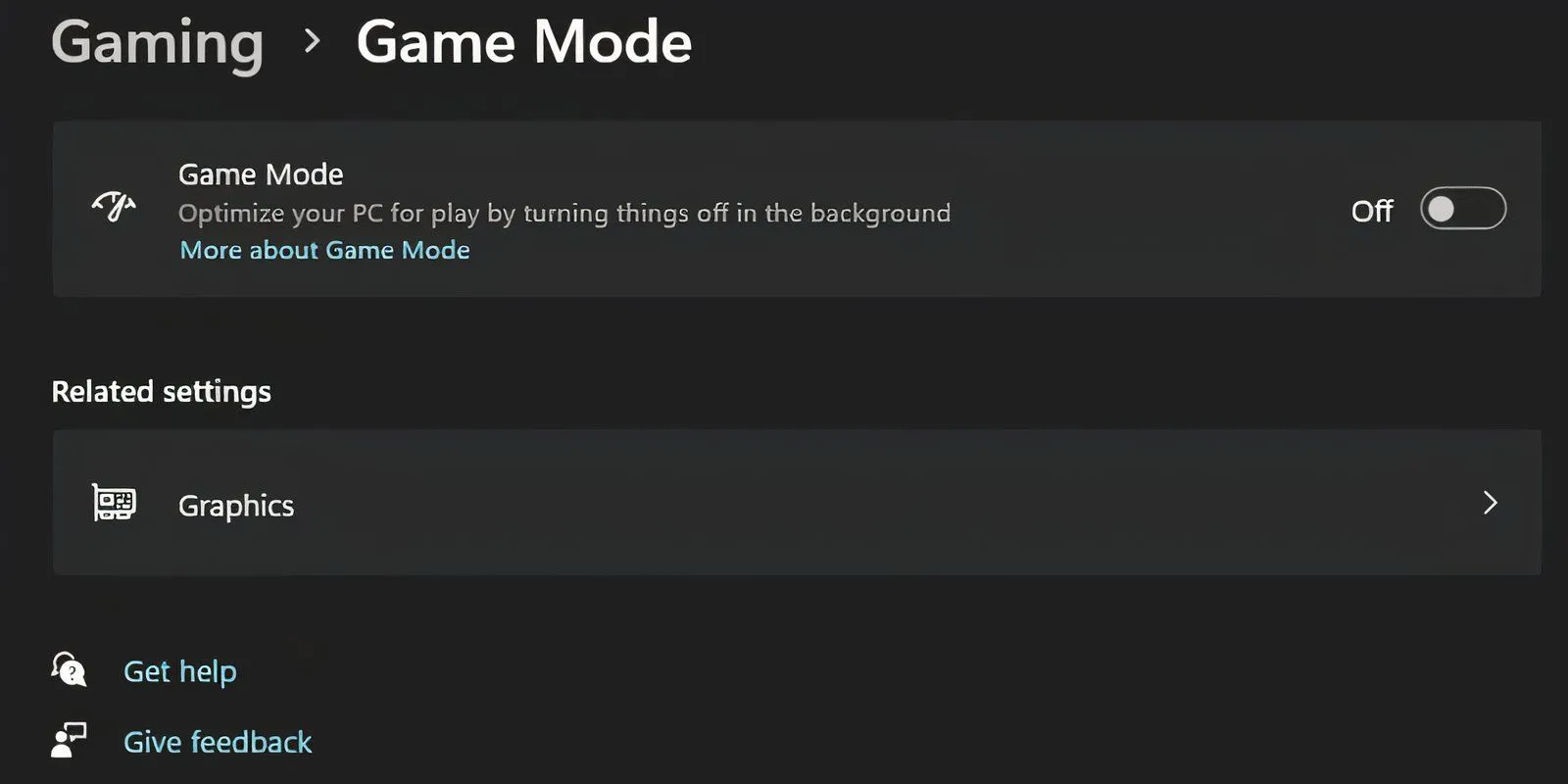 Giao diện ứng dụng Cài đặt của Windows với tùy chọn Chế độ Trò chơi (Game Mode) đã được tắt.