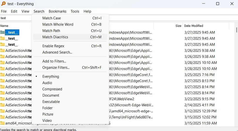 Giao diện ứng dụng Everything hiển thị kết quả tìm kiếm file