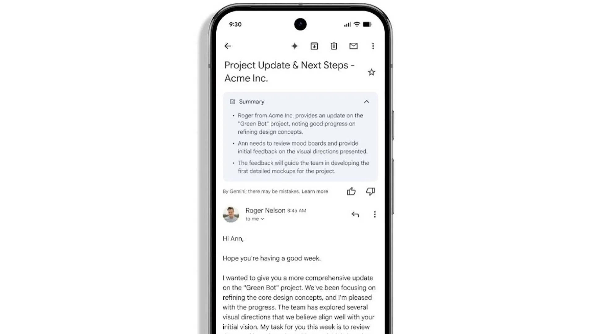 Giao diện ứng dụng Gmail trên điện thoại hiển thị tính năng tóm tắt email bằng AI Gemini
