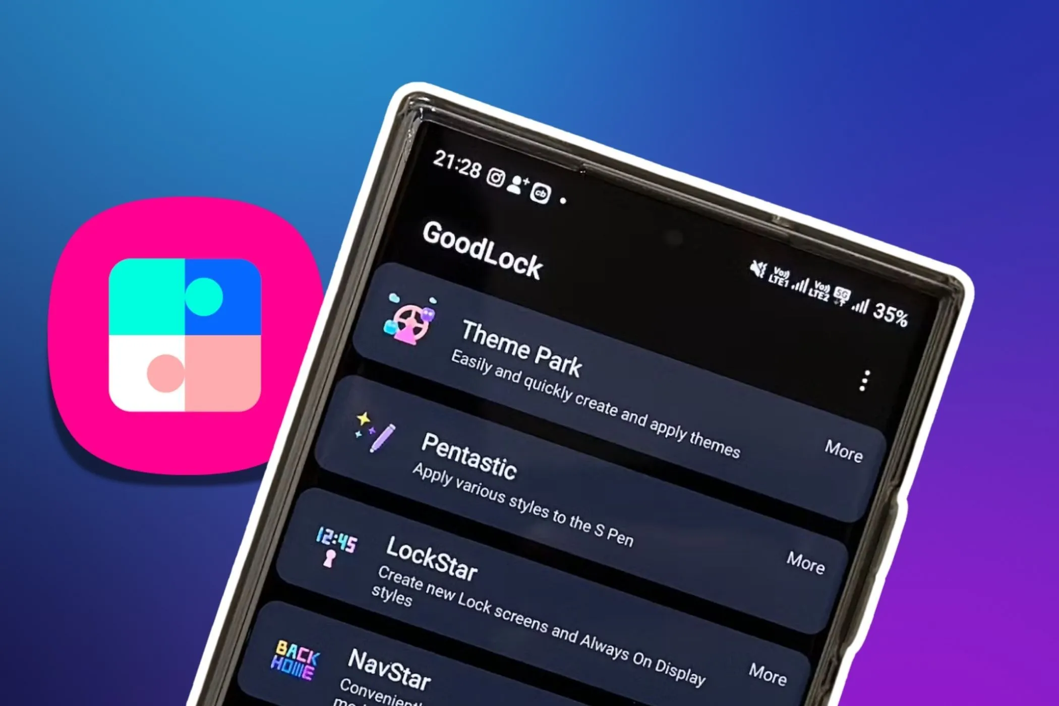 Giao diện ứng dụng Good Lock trên điện thoại Samsung hiển thị các tùy chọn cá nhân hóa sâu rộng trong One UI 7