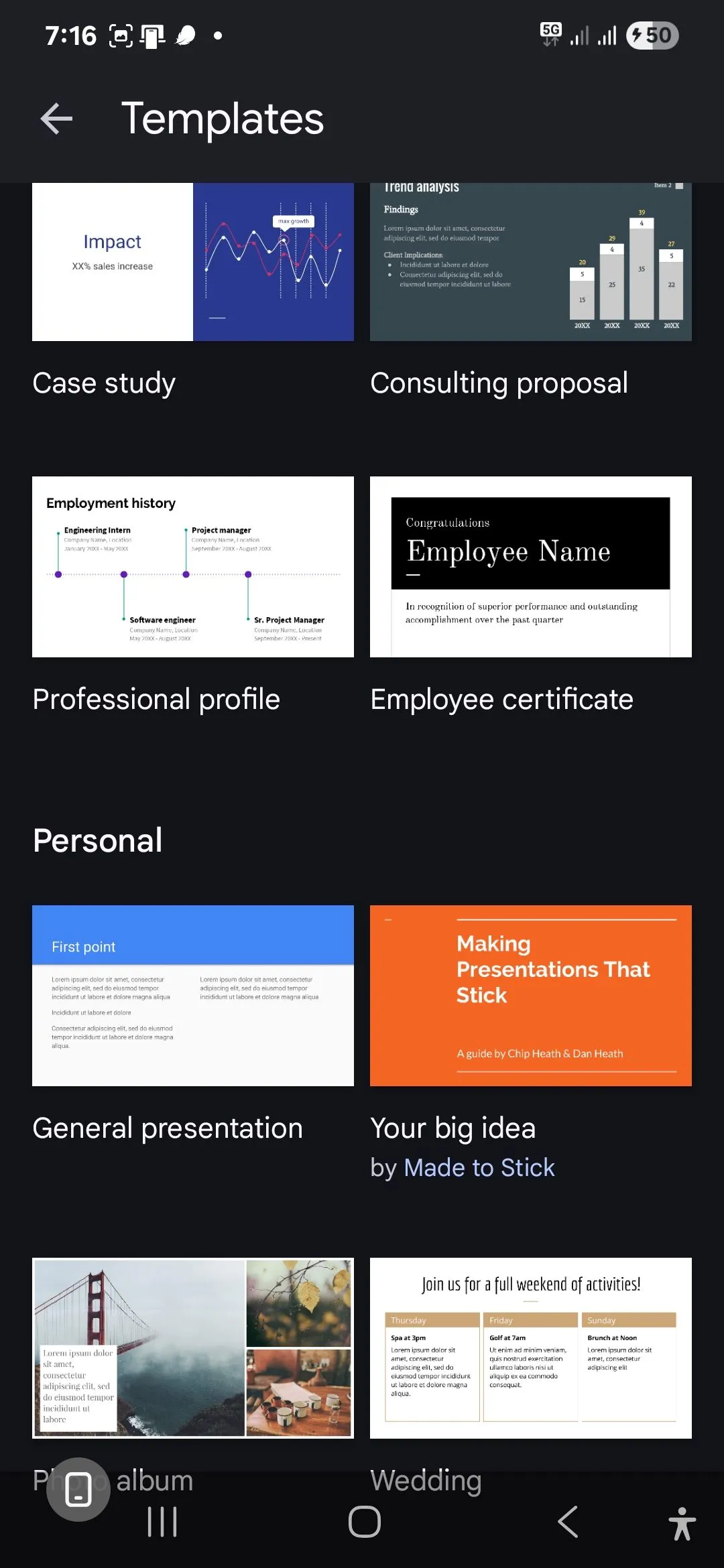 Giao diện ứng dụng Google Slides trên điện thoại di động hiển thị các mẫu thuyết trình có sẵn để lựa chọn.