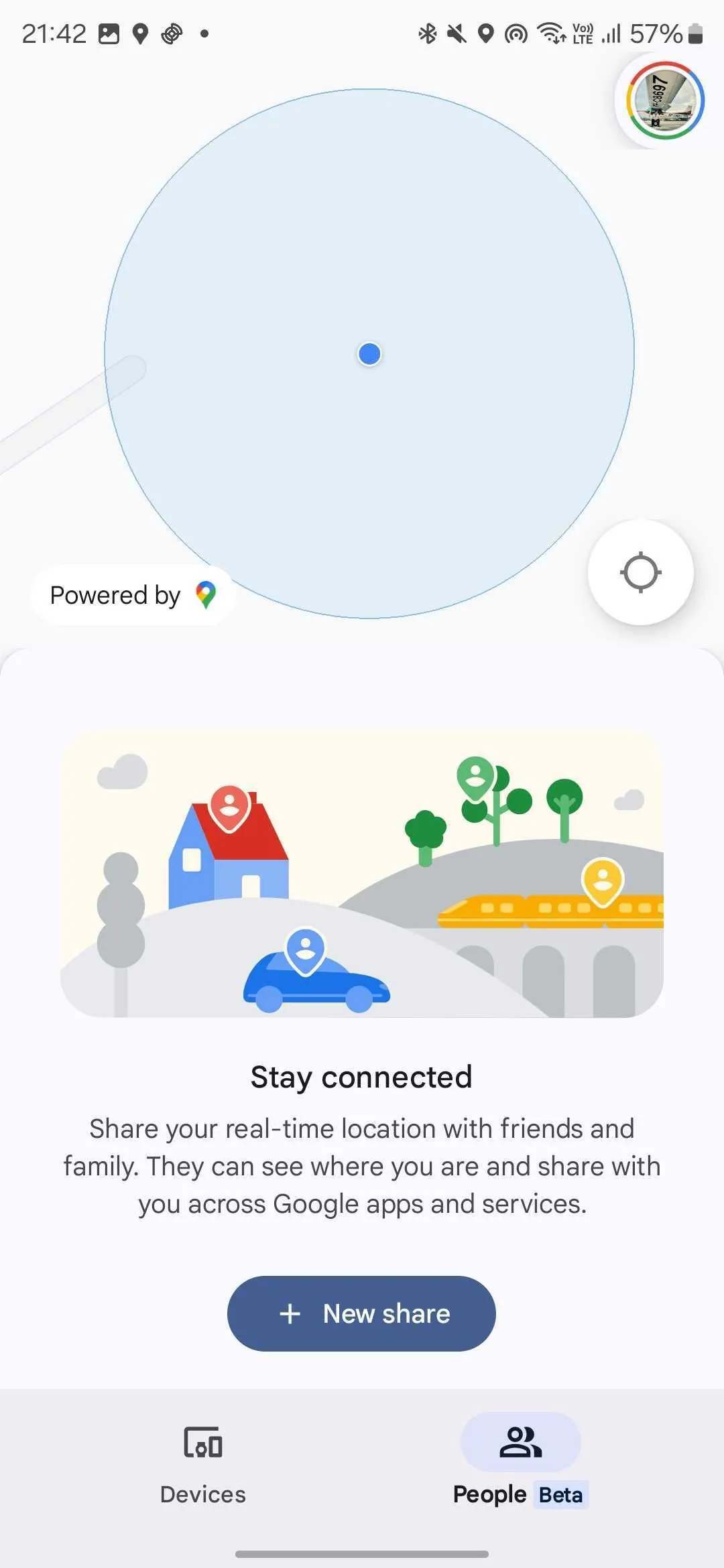 Giao diện ứng dụng Google Tìm thiết bị với tab 'Mọi người (Beta)' đang được chọn, hiển thị nút '+ Chia sẻ mới' để bắt đầu chia sẻ vị trí.