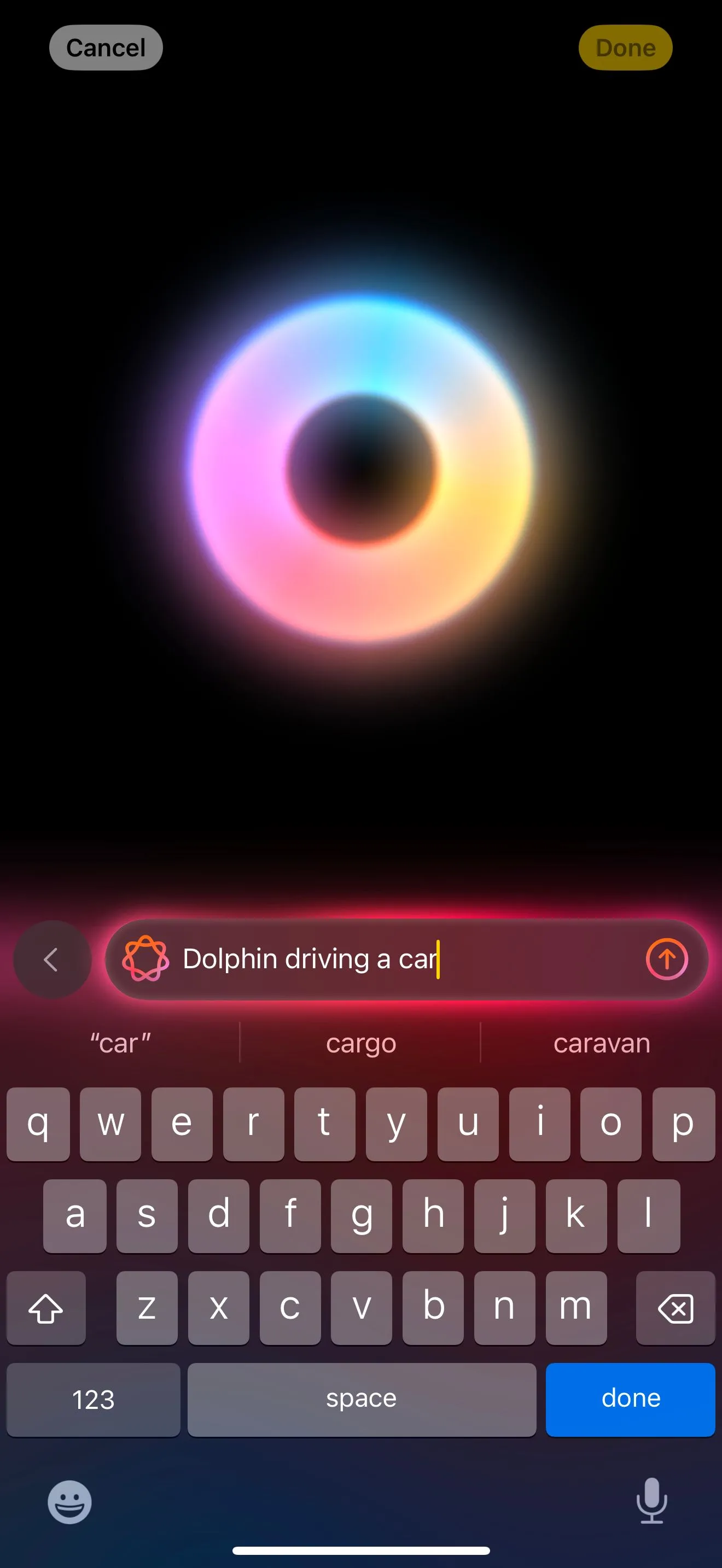 Giao diện ứng dụng Image Playground trên iPhone với ô nhập mô tả để tạo hình ảnh từ AI.