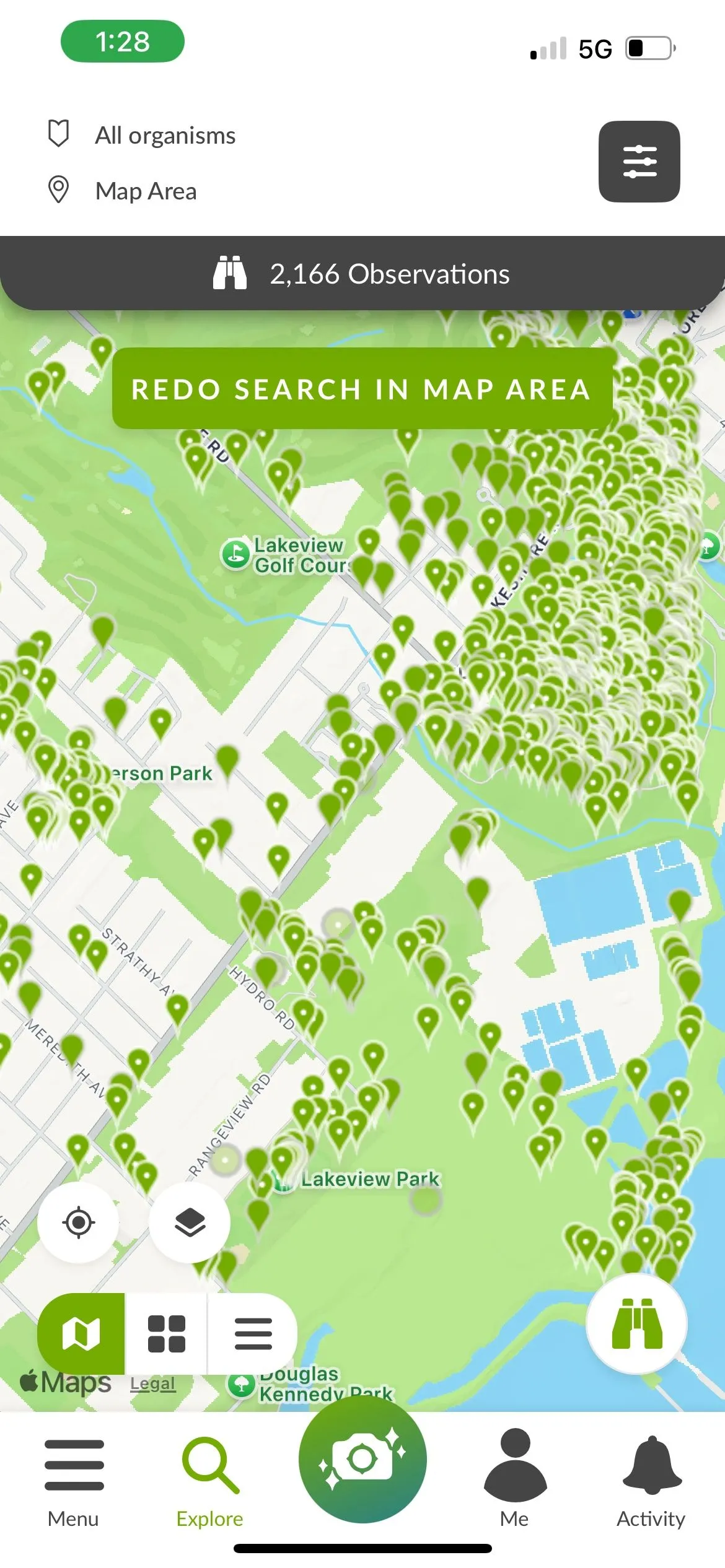 Giao diện ứng dụng iNaturalist hiển thị bản đồ các điểm nóng quan sát động vật hoang dã, hỗ trợ tìm kiếm vị trí chụp ảnh wildlife