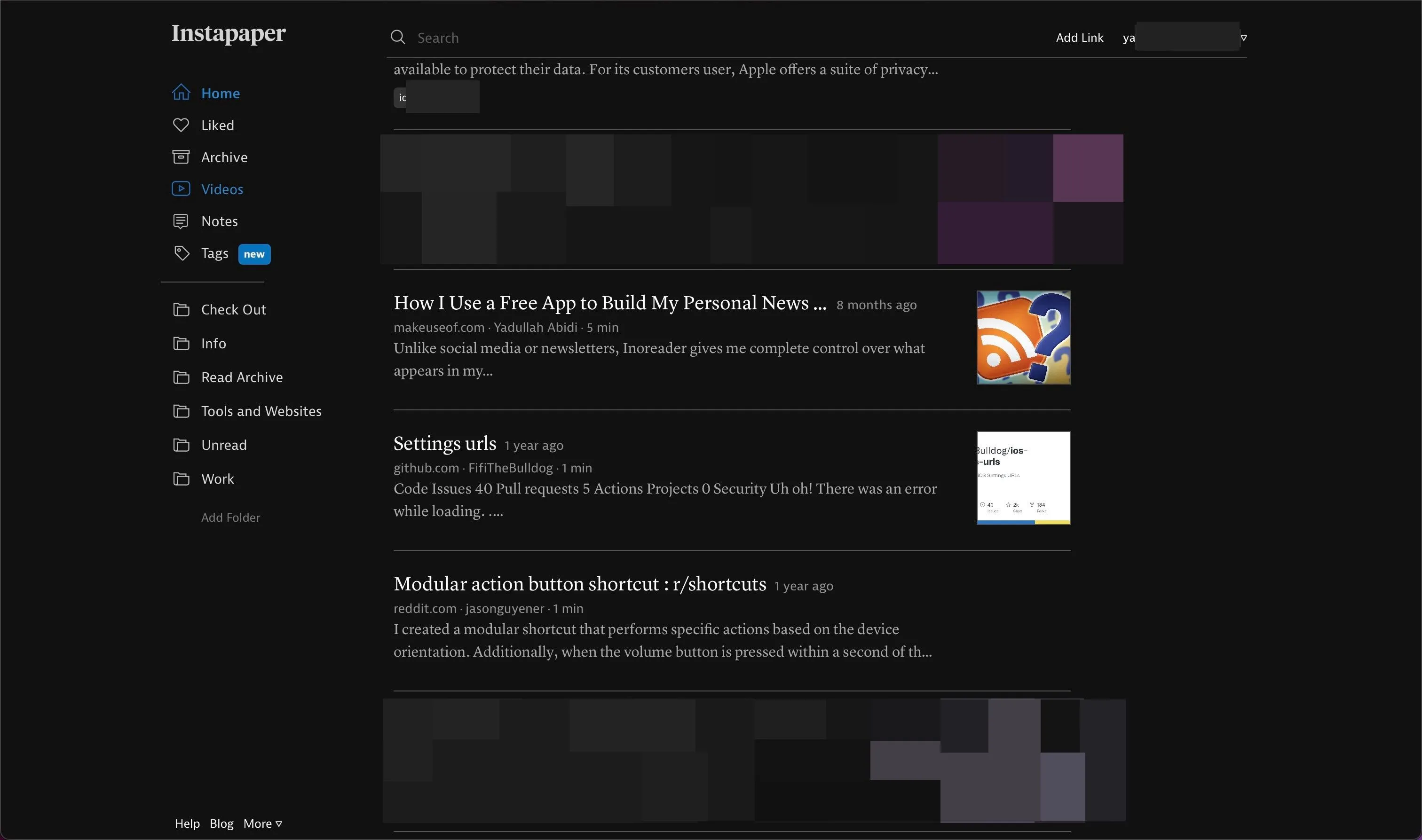Giao diện ứng dụng Instapaper trên trình duyệt Safari macOS, hiển thị các bài viết đã lưu để đọc sau.