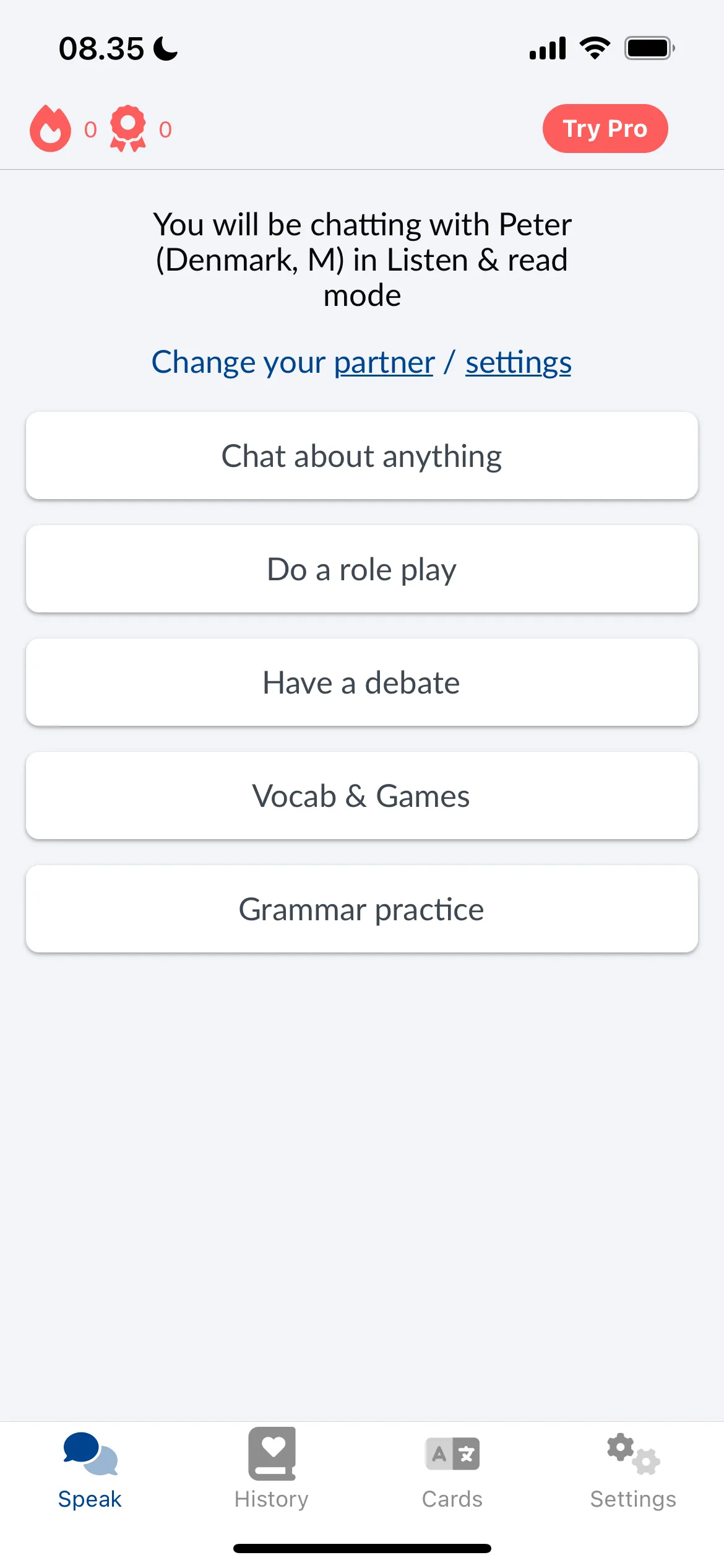 Giao diện ứng dụng LanguaTalk trên iOS, hiển thị tùy chọn bắt đầu hội thoại để học ngôn ngữ.