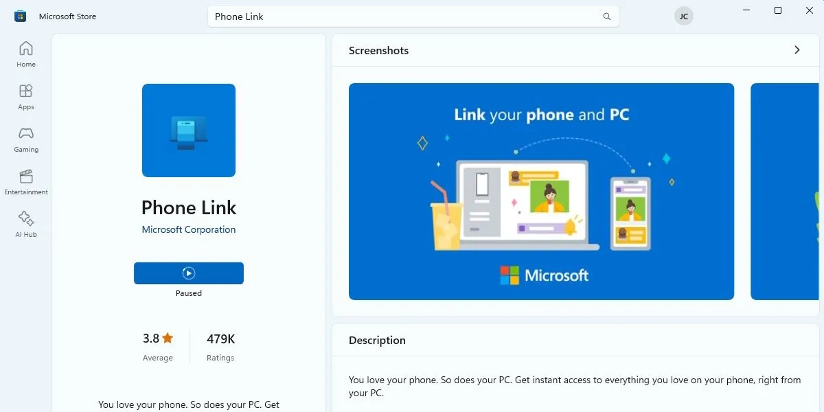 Giao diện ứng dụng Microsoft Phone Link trong Microsoft Store, hỗ trợ đồng bộ điện thoại Android và iOS