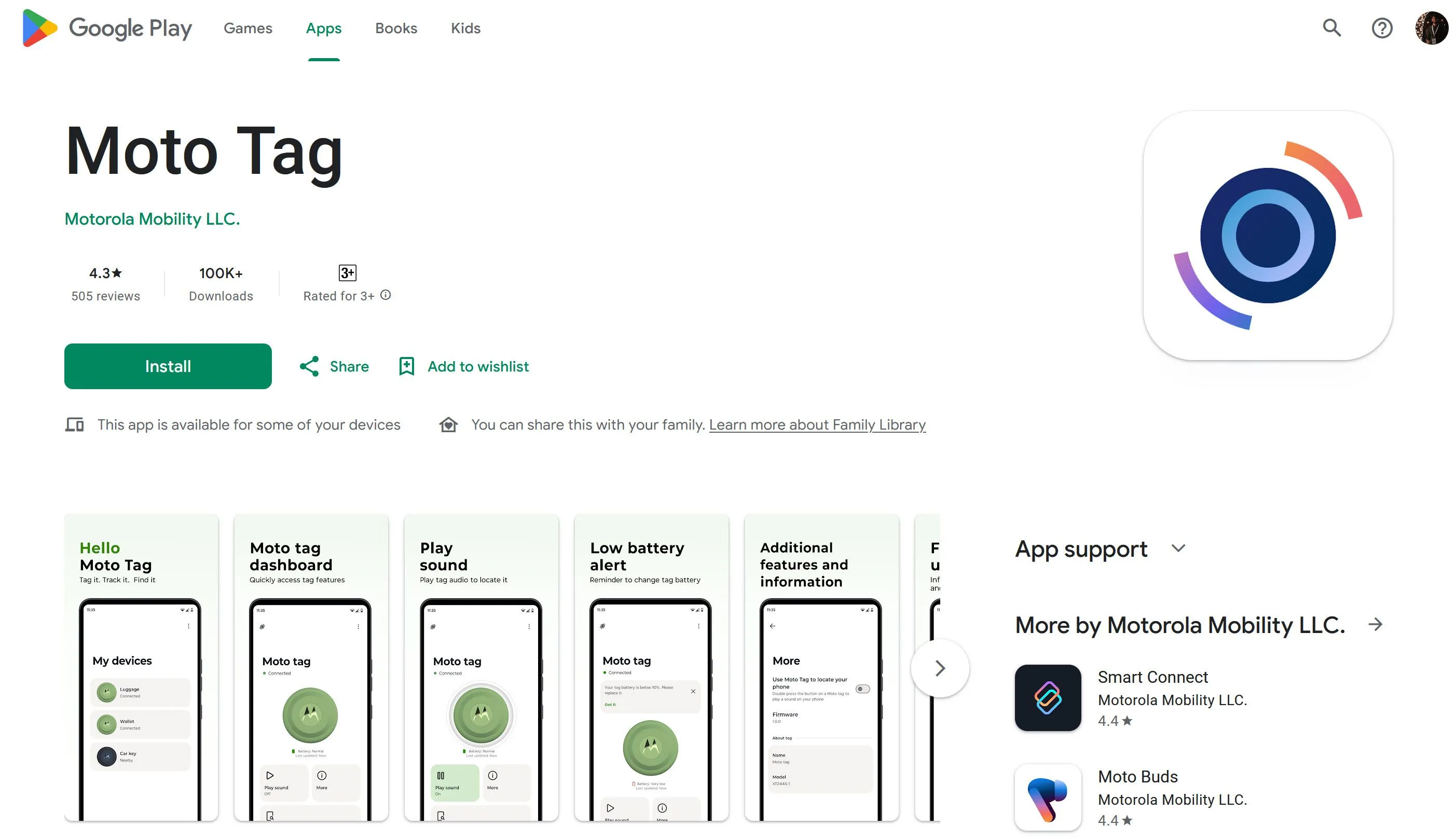Giao diện ứng dụng Moto Tag trên Google Play Store hiển thị trang chi tiết sản phẩm và các tính năng