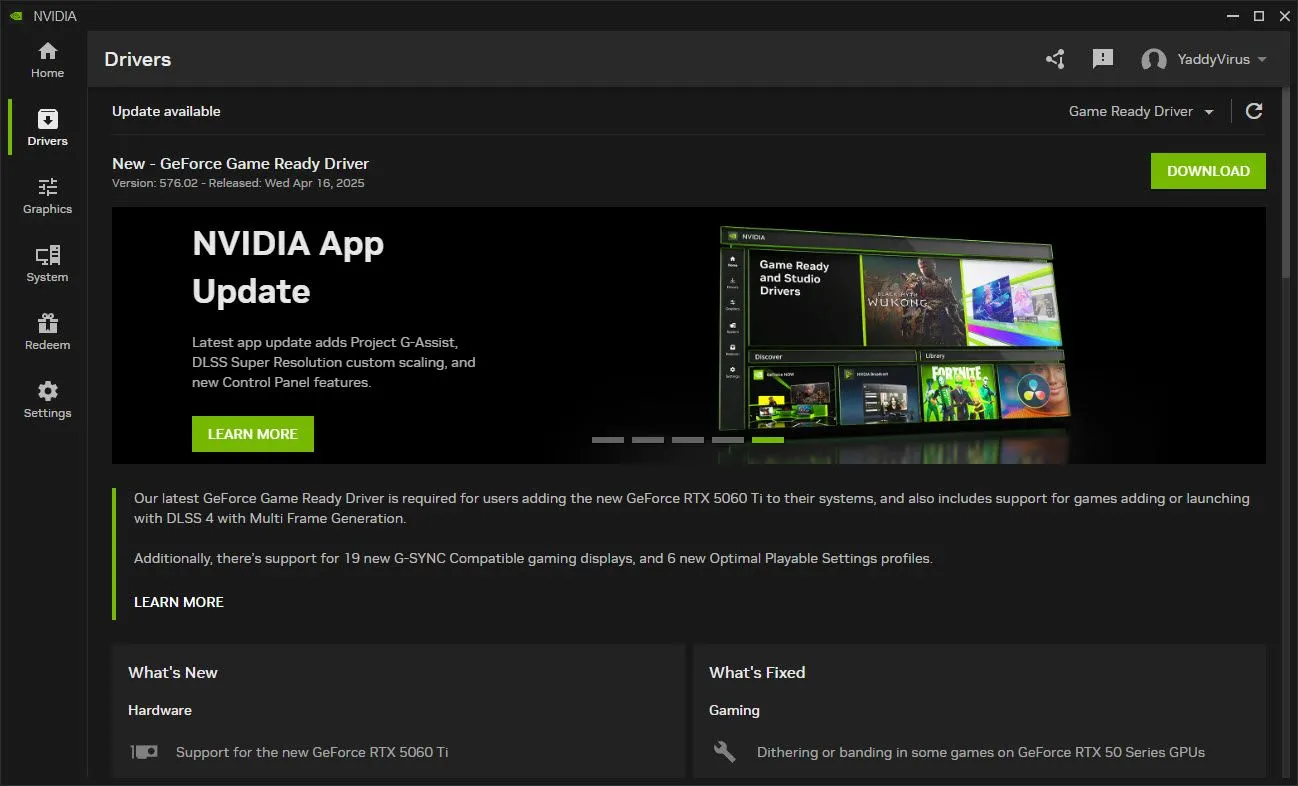 Giao diện ứng dụng Nvidia GeForce Experience hiển thị thông báo driver mới nhất phiên bản 576.02 đã sẵn sàng để cập nhật, giúp tăng hiệu suất chơi game