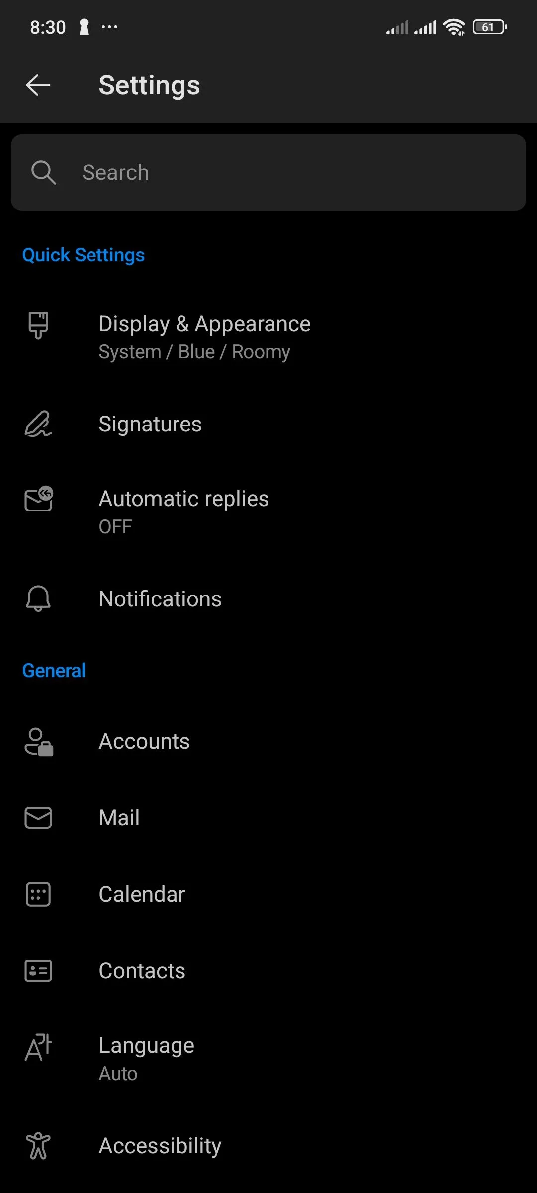 Giao diện ứng dụng Outlook trên Android hiển thị tùy chọn &quot;Tài khoản&quot; để vào cài đặt riêng tư.