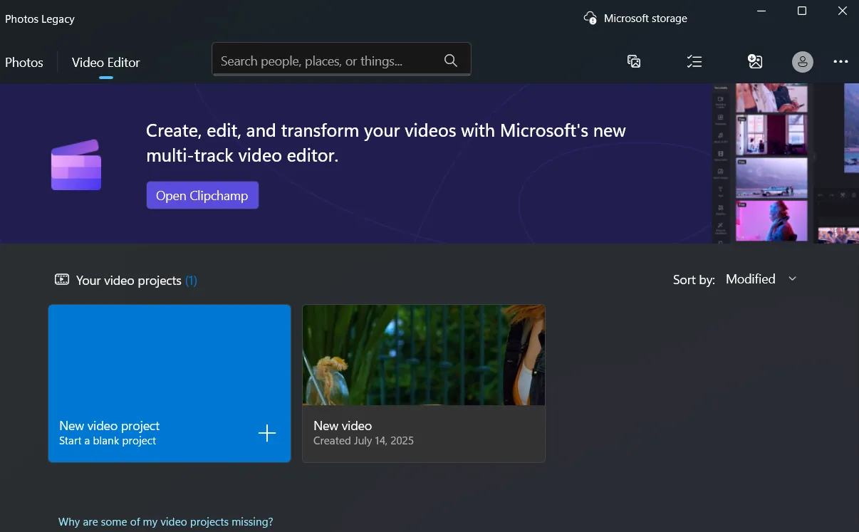 Giao diện ứng dụng Photos Legacy với tab Video Editor trên Windows