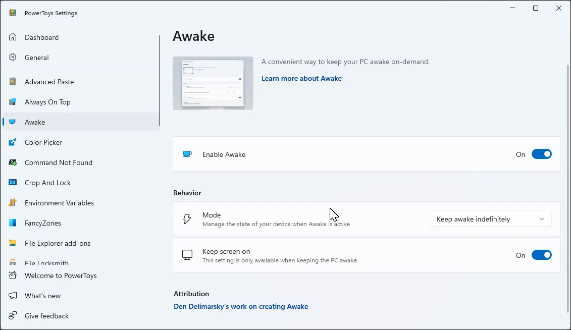 Giao diện ứng dụng PowerToys trên Windows 11, hiển thị tab Awake đang hoạt động.