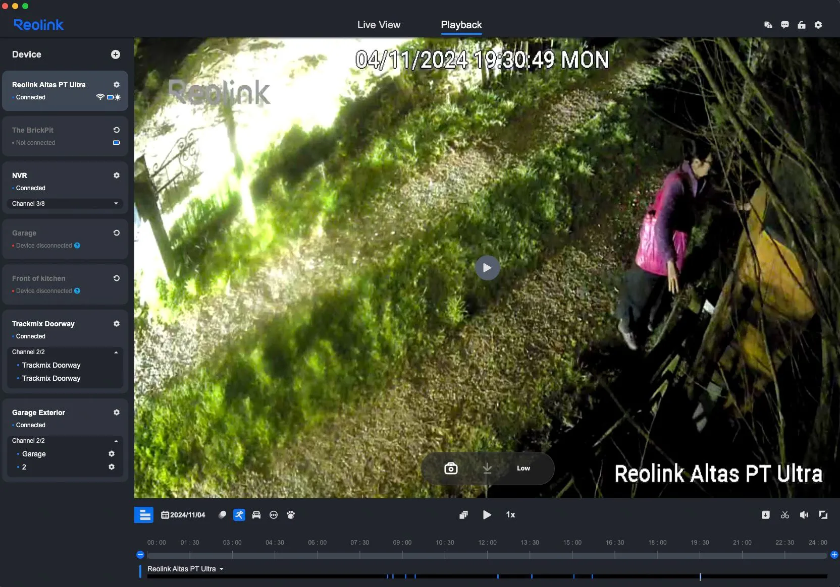 Giao diện ứng dụng Reolink trên máy tính để bàn hiển thị tính năng phát lại video camera Altas PT Ultra