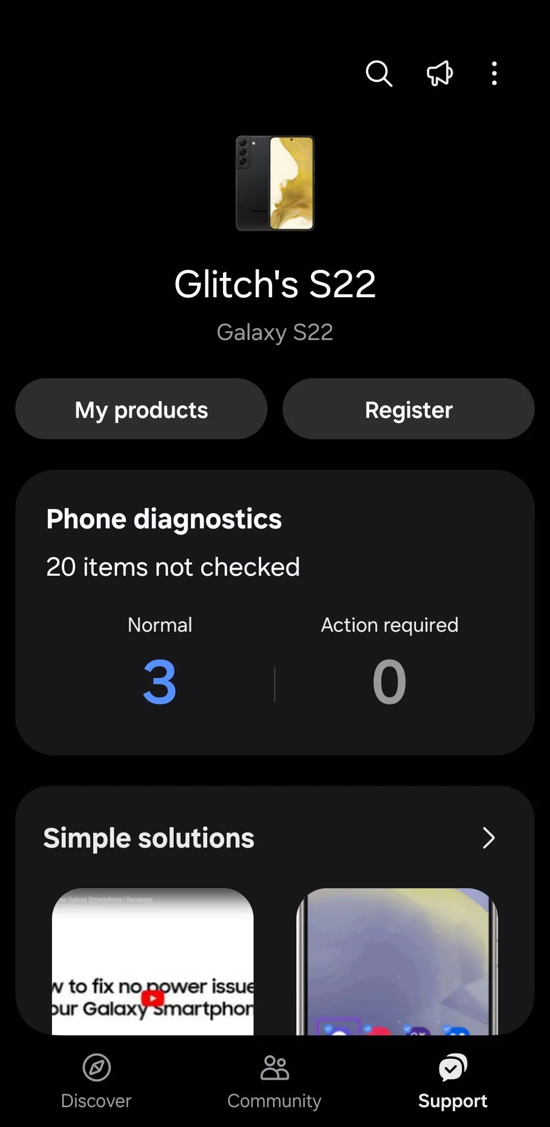 Giao diện ứng dụng Samsung Members với thẻ Hỗ trợ được chọn, nơi người dùng có thể truy cập các công cụ chẩn đoán thiết bị.