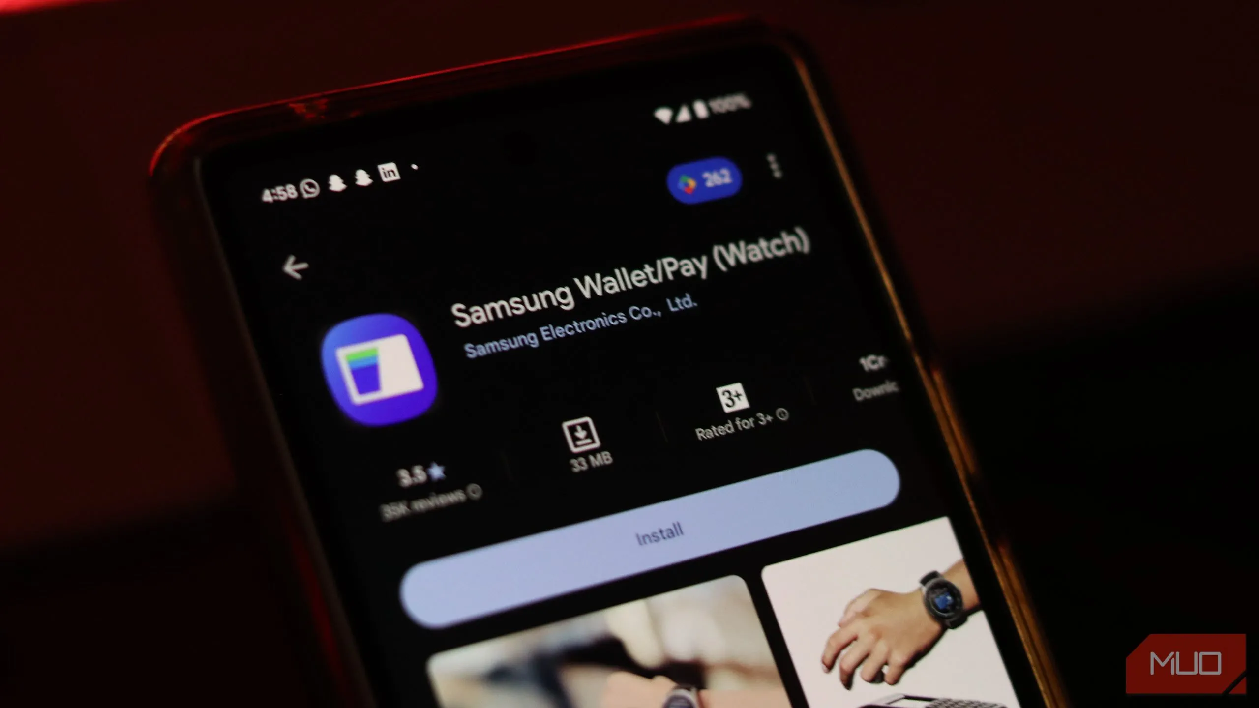 Giao diện ứng dụng Samsung Wallet trên Google Play Store, minh họa tính năng chuyển tiền NFC
