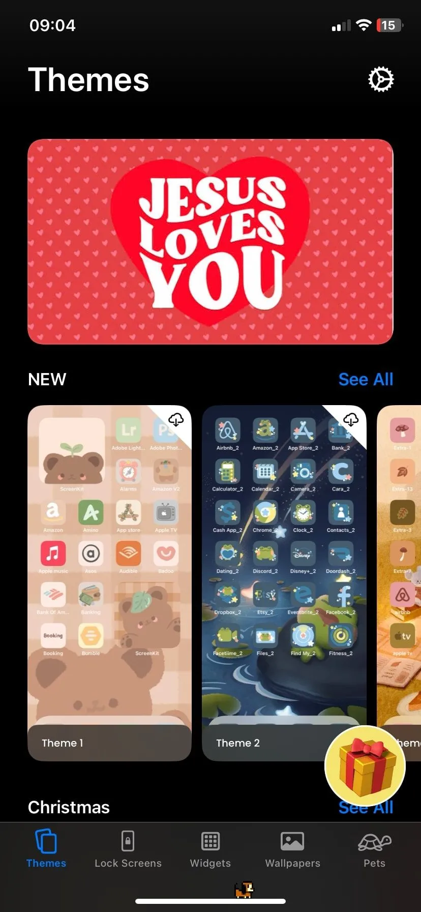 Giao diện ứng dụng ScreenKit trên iPhone, thể hiện các gói chủ đề và biểu tượng tùy chỉnh.