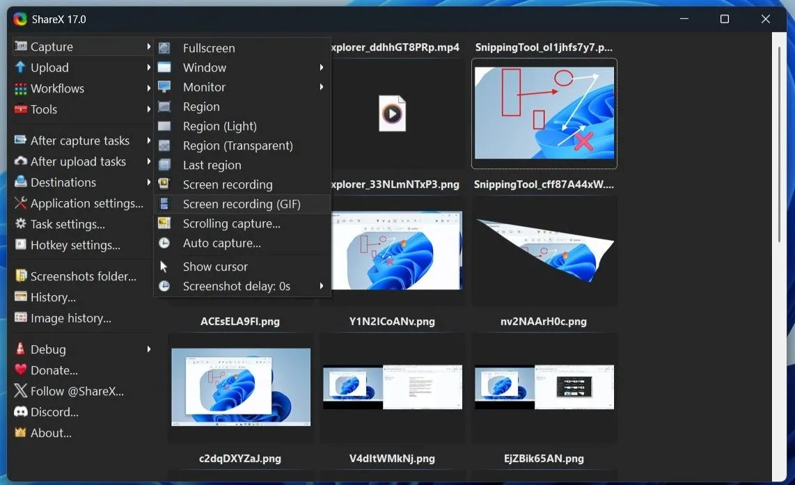 Giao diện ứng dụng ShareX trên Windows hiển thị các tùy chọn chụp màn hình đa dạng như chụp vùng, cửa sổ, toàn màn hình và chụp cuộn.