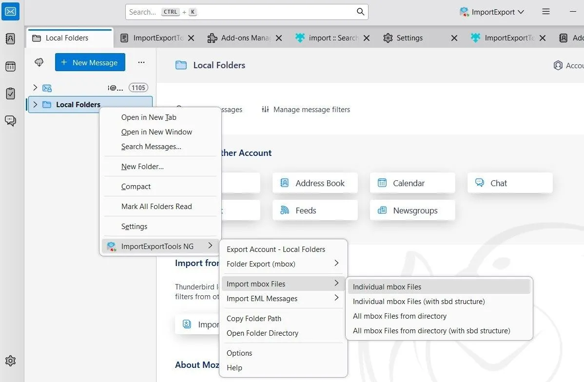 Giao diện ứng dụng Thunderbird hiển thị menu ngữ cảnh &quot;ImportExportTools NG&quot; với tùy chọn &quot;Import MBOX Files&quot; để nhập dữ liệu email Gmail.