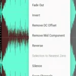 Giao diện ứng dụng WaveEditor trên Android, hiển thị chức năng chỉnh sửa và fade âm thanh.