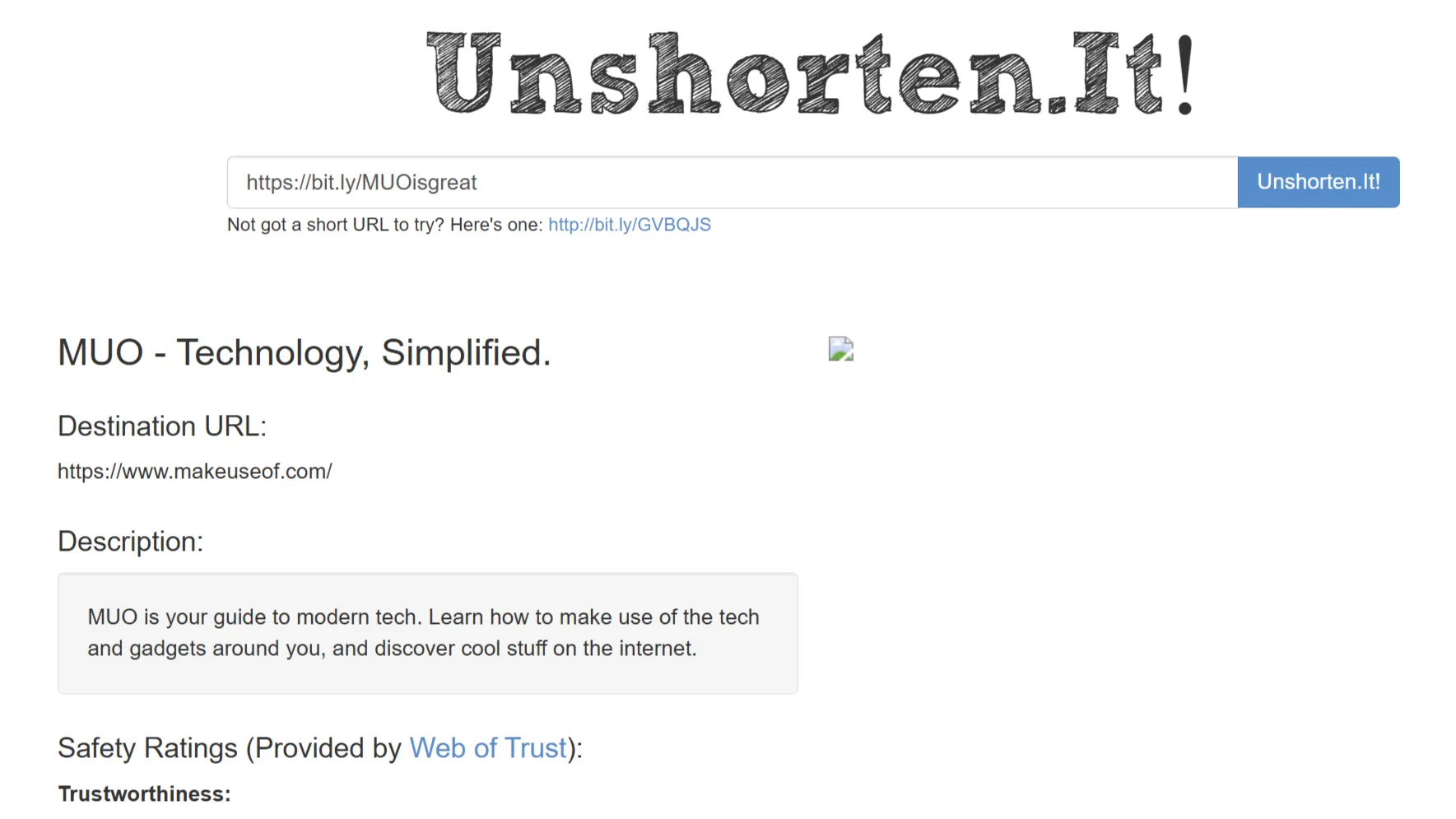 Giao diện Unshorten.it hiển thị URL đích của một link rút gọn