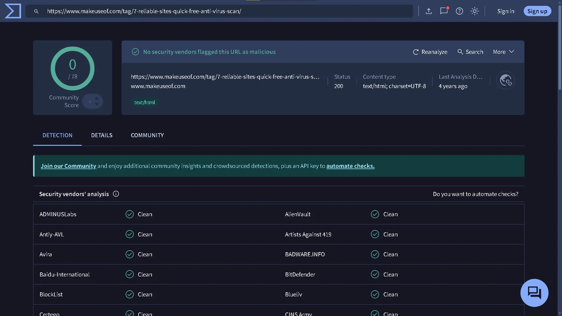 Giao diện VirusTotal đang quét một URL để kiểm tra virus