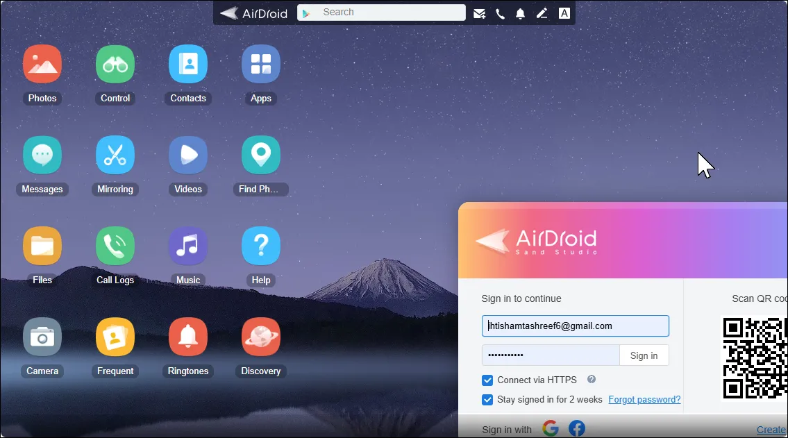 Giao diện web của AirDroid, hiển thị các chức năng quản lý điện thoại từ xa như tin nhắn, file và ứng dụng.