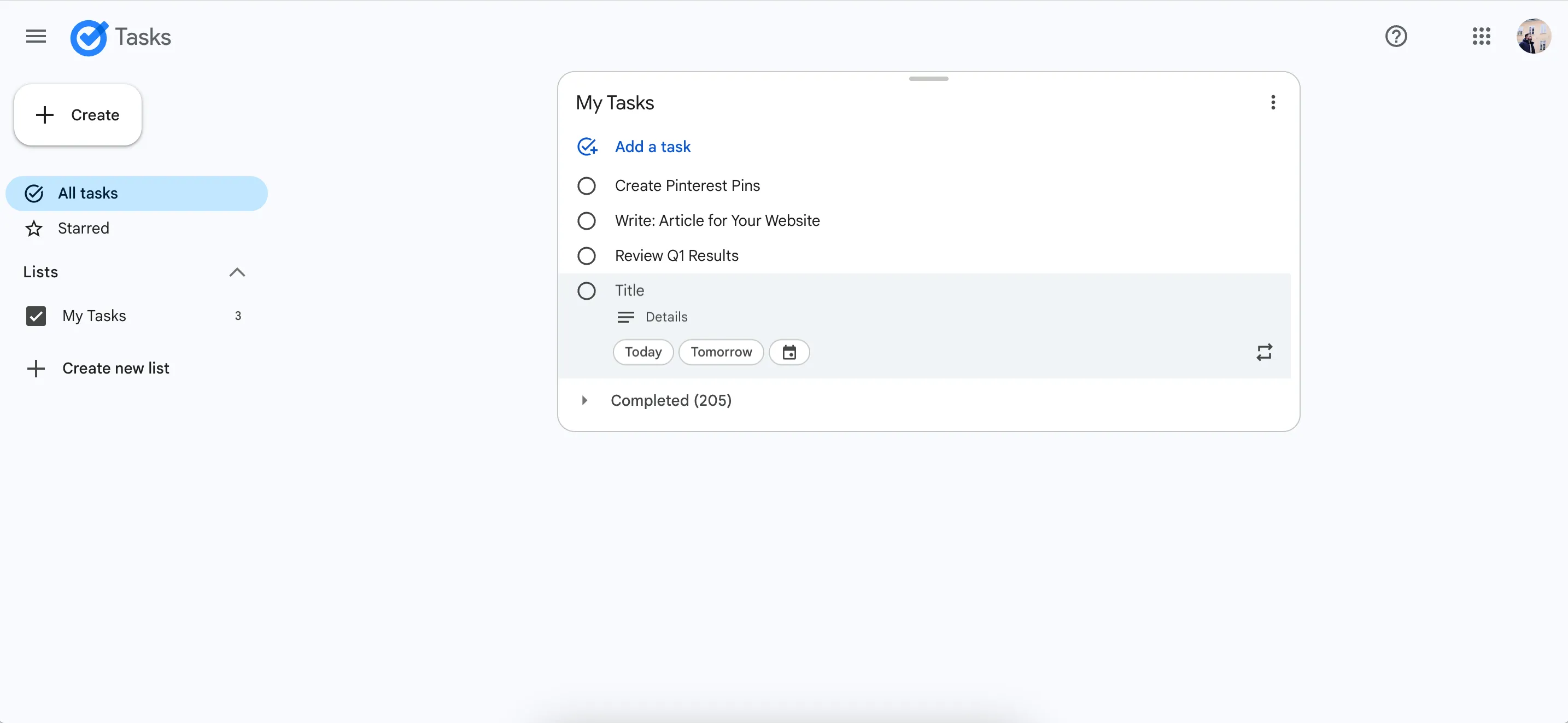 Giao diện web của Google Tasks để lên kế hoạch và quản lý các tác vụ trong ngày
