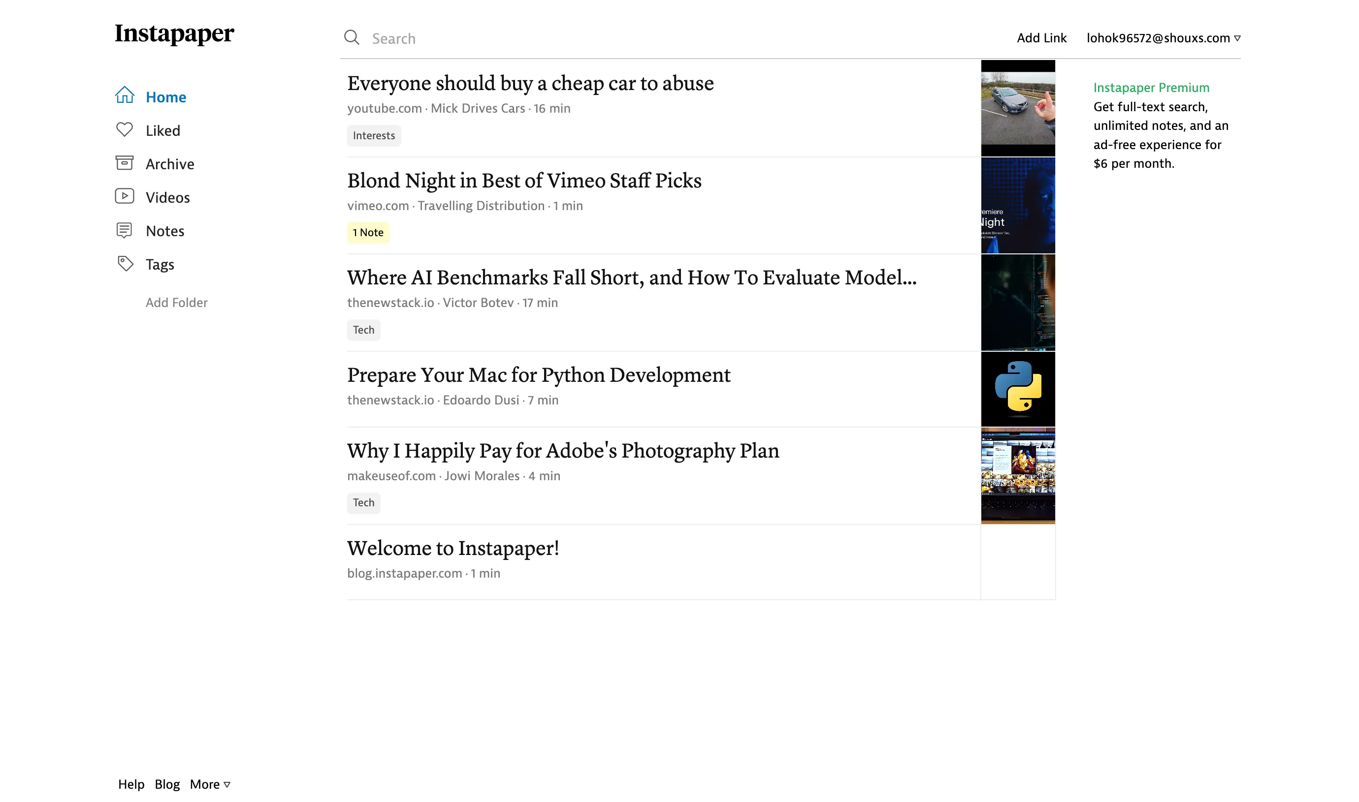 Giao diện web của ứng dụng Instapaper, công cụ đọc sau và quản lý bookmark đơn giản.