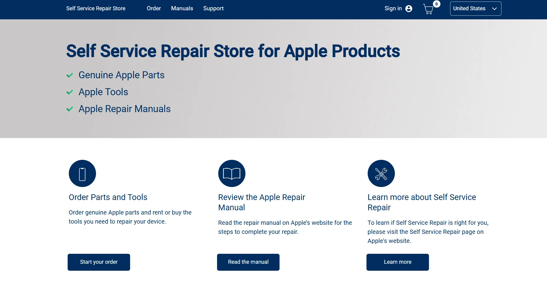 Giao diện website Apple Self-Service Repair, nơi cung cấp linh kiện và hướng dẫn sửa chữa iPad chính hãng