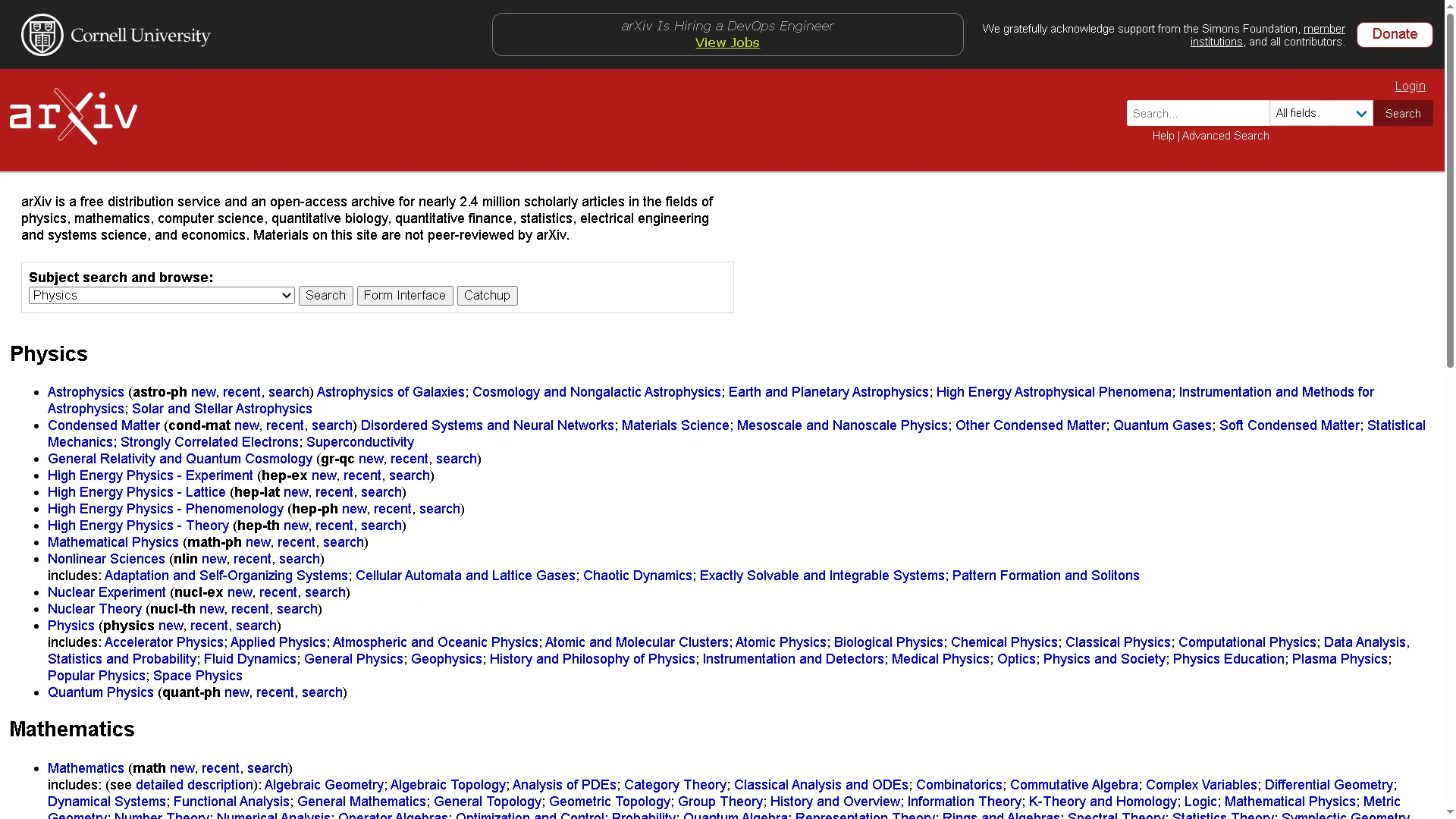 Giao diện website arXiv, kho lưu trữ bài báo khoa học miễn phí