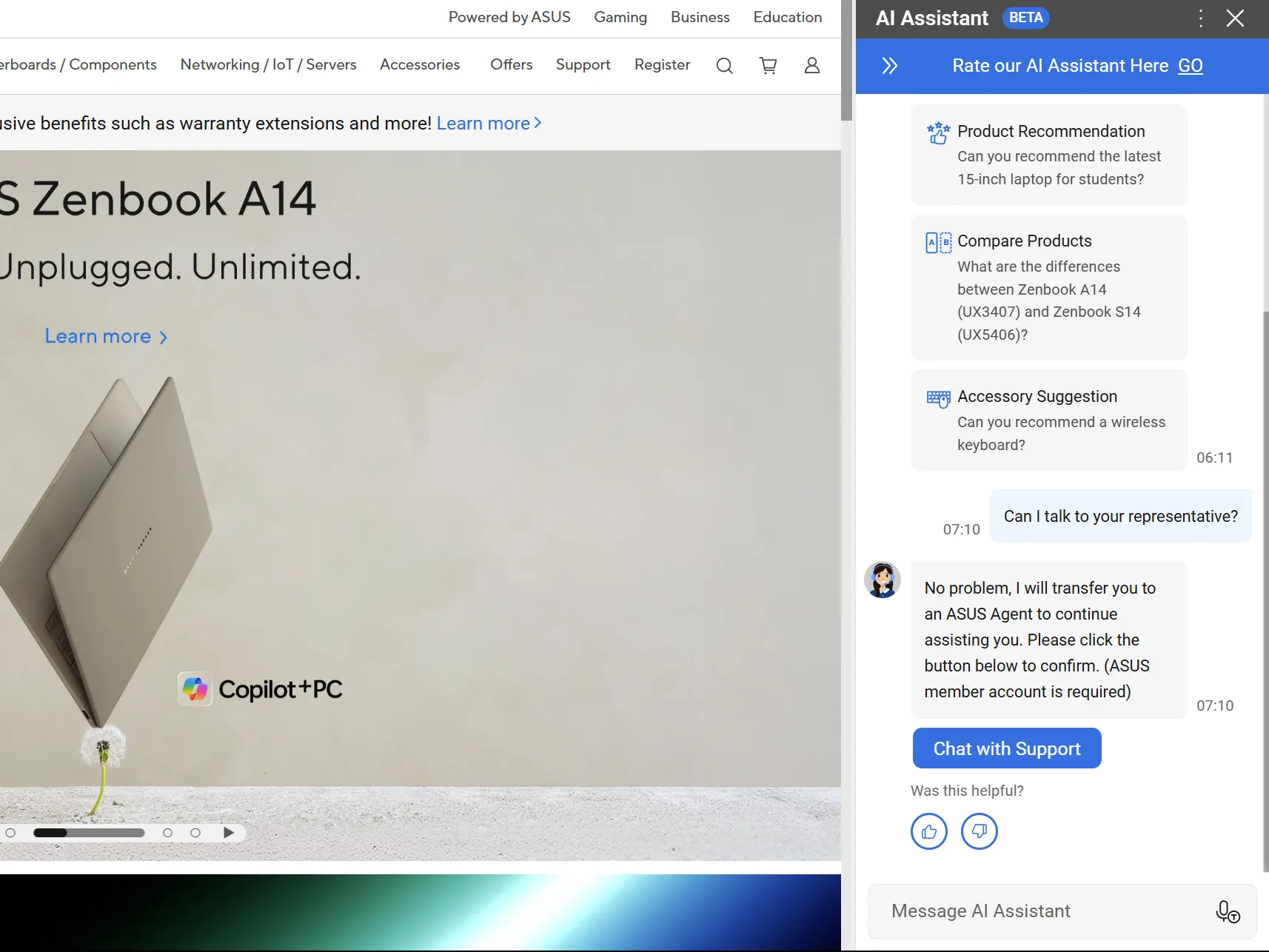 Giao diện website ASUS với cửa sổ trò chuyện chatbot AI hỗ trợ khách hàng hiển thị ở cạnh bên màn hình, cùng hình ảnh laptop ASUS Zenbook A14.