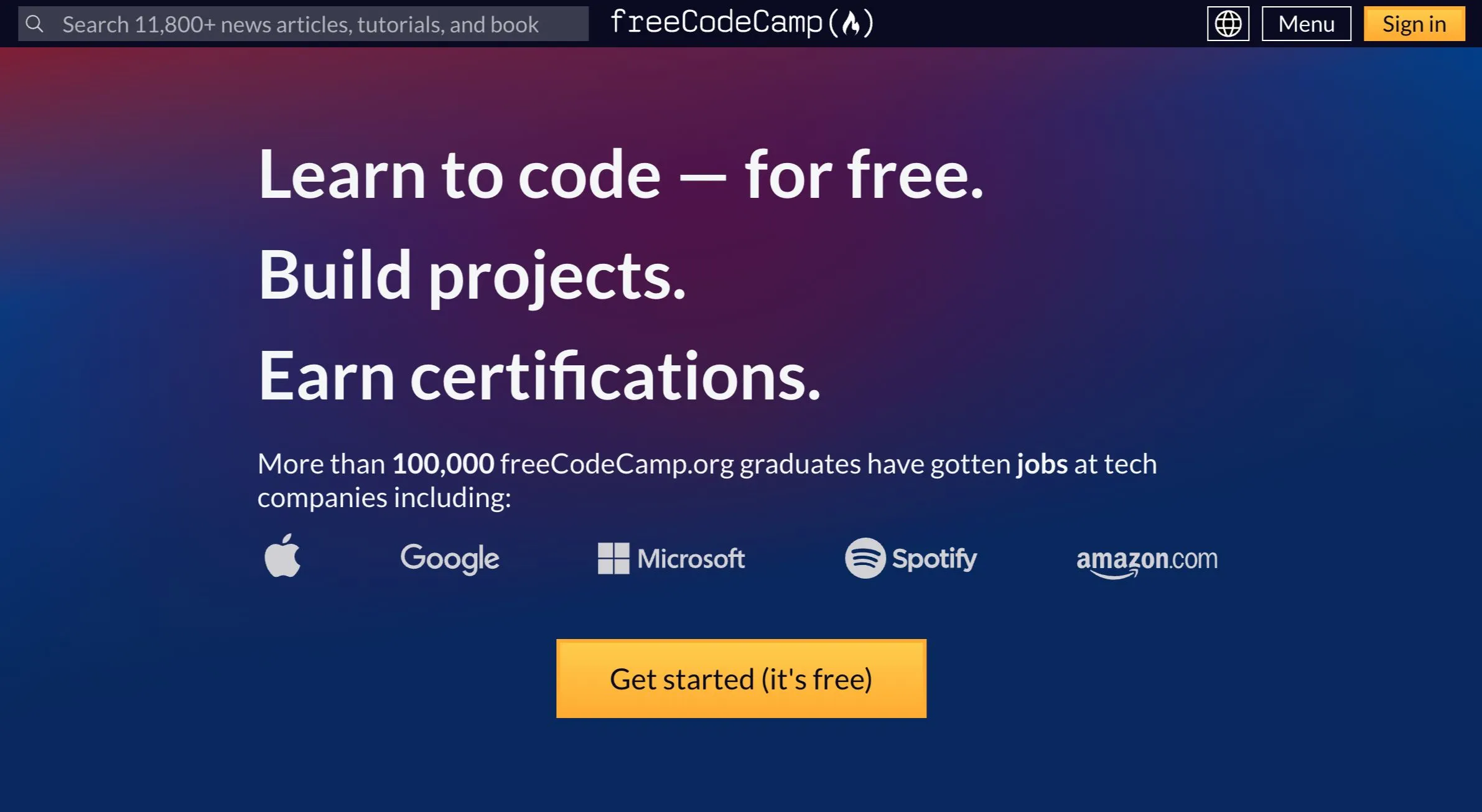 Giao diện website freeCodeCamp, chuyên trang học lập trình miễn phí với các bài tập thực hành và dự án thực tế.