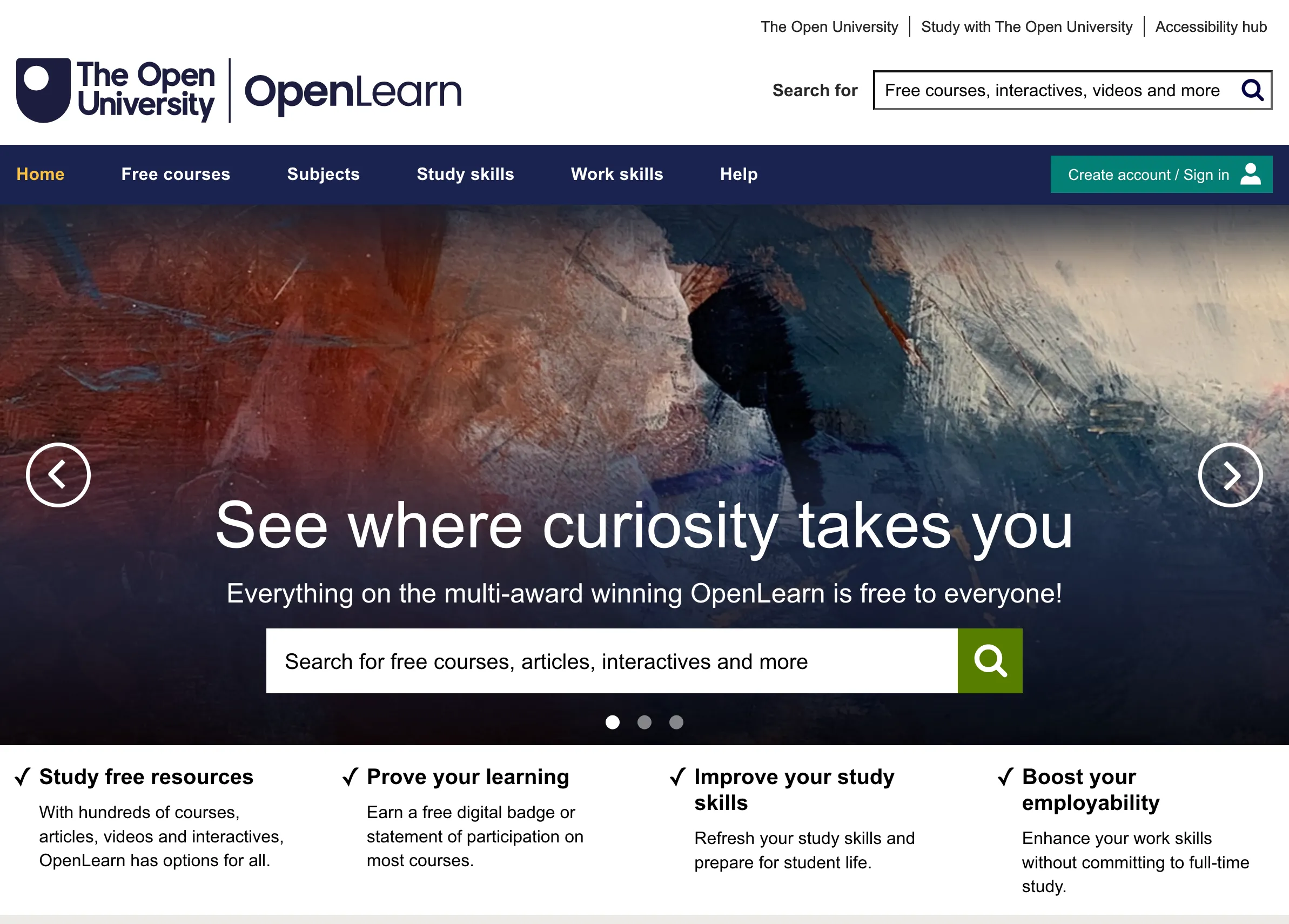 Giao diện website OpenLearn, nền tảng học tập miễn phí từ Open University với nhiều khóa học chất lượng.