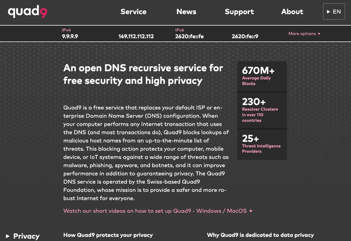 Giao diện website Quad9 DNS resolver - Dịch vụ DNS bảo mật quyền riêng tư