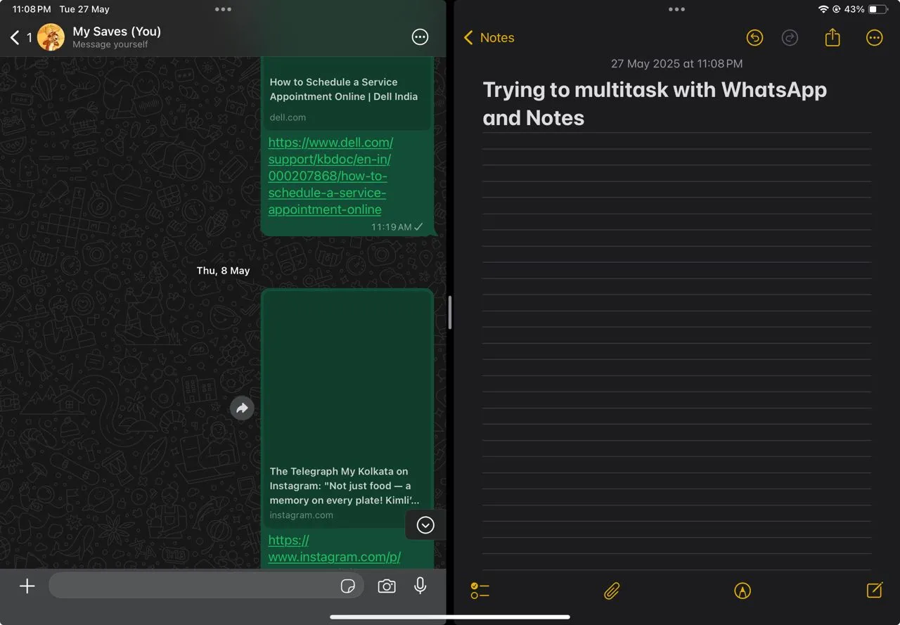 Giao diện WhatsApp trên iPad trong chế độ Split View