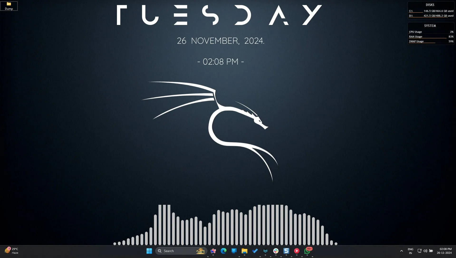 Giao diện Windows 11 được cá nhân hóa toàn diện với các skin Rainmeter, hiển thị thông tin hệ thống và widget độc đáo.