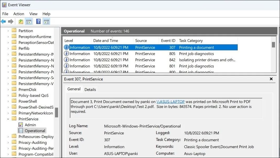 Giao diện xem nhật ký các sự kiện in ấn trong Event Viewer trên Windows