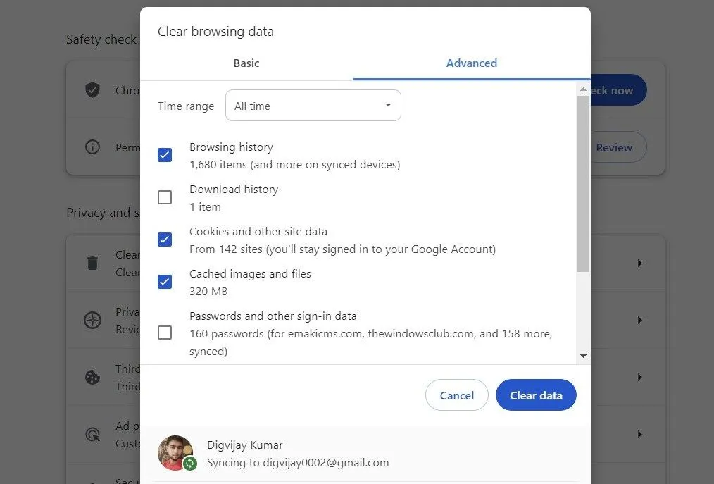Giao diện xóa dữ liệu duyệt web trên Google Chrome