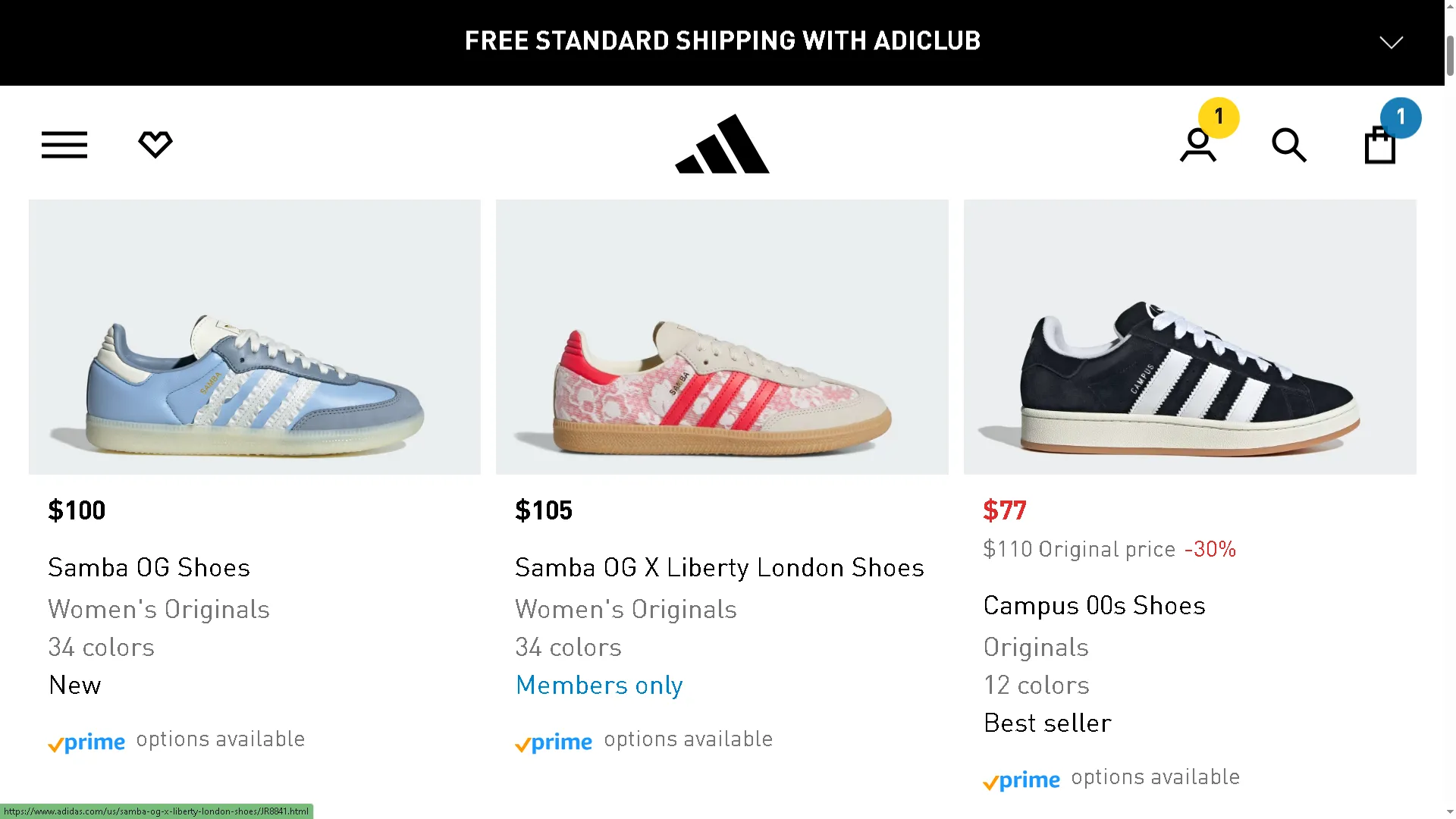 Giày thể thao Adidas nữ với biểu tượng Buy with Prime
