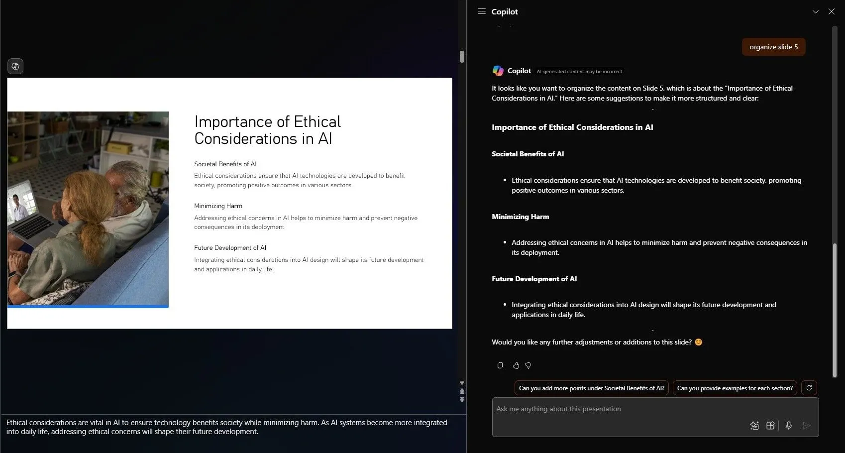 Gợi ý của Copilot PowerPoint giúp sắp xếp và tối ưu nội dung một slide