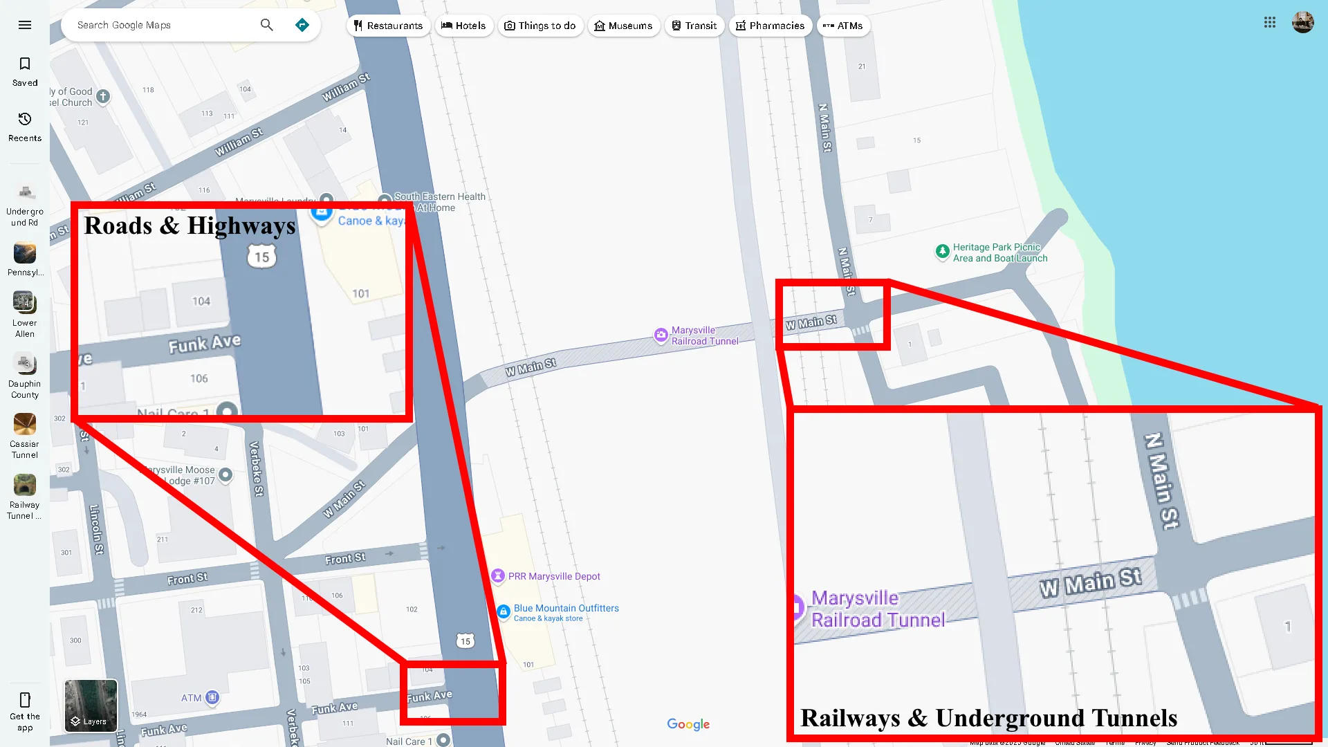 Google Maps hiển thị các loại đường, đường cao tốc, đường sắt và đường hầm ngầm