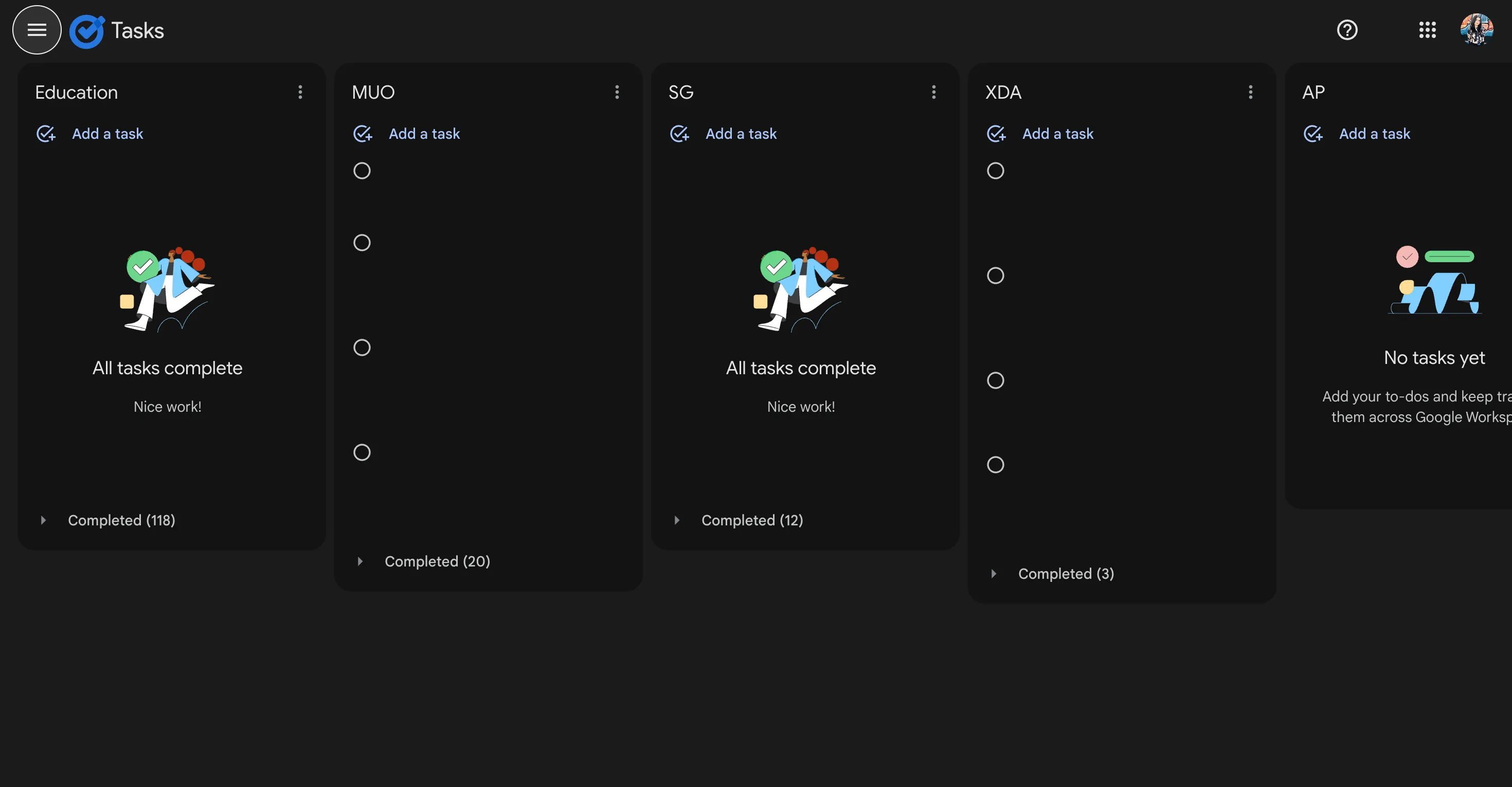 Google Tasks với các danh sách nhiệm vụ được phân loại rõ ràng