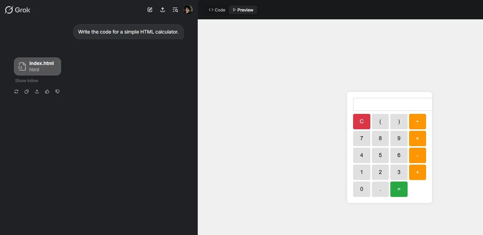 Grok AI hiển thị mã HTML và kết quả xem trước trực tiếp trong Grok Studio khi tạo máy tính đơn giản.