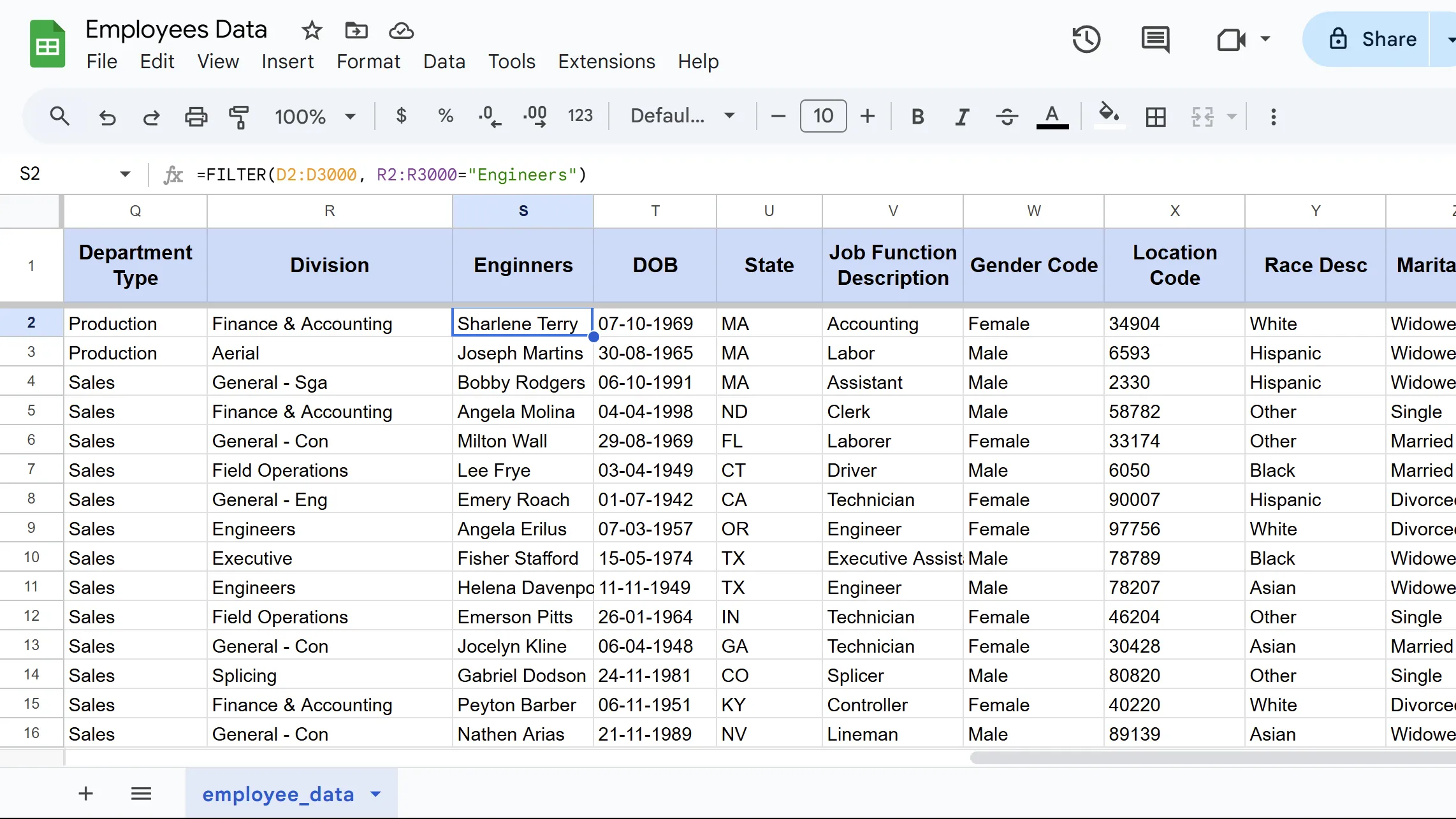 Hàm FILTER lọc và hiển thị chỉ những nhân viên thuộc phòng &quot;Engineers&quot; trong bảng tính Google Sheets