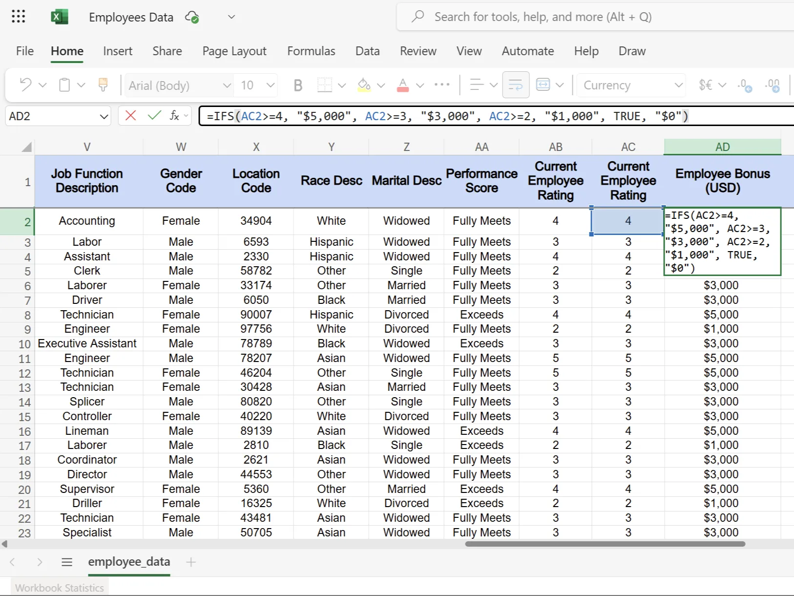 Hàm IFS trong Excel hiển thị số tiền thưởng nhân viên dựa trên hiệu suất