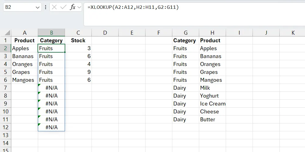 Hàm XLOOKUP trong Excel bị lỗi #N/A do có ô trống trong phạm vi tra cứu.