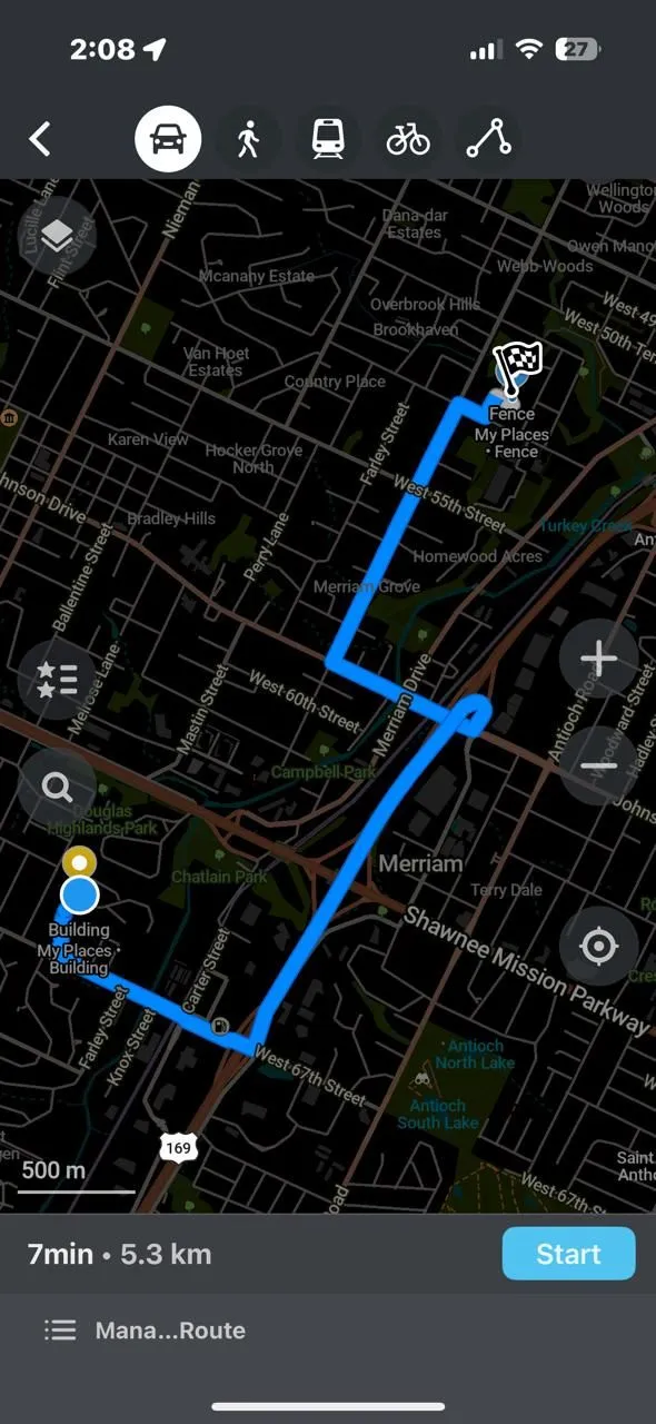 Hiển thị khoảng cách và tuyến đường giữa hai điểm trên Organic Maps, ứng dụng bản đồ ngoại tuyến an toàn dữ liệu.