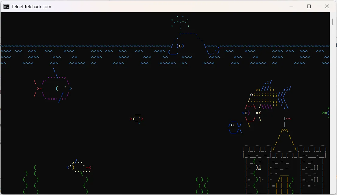 Hiệu ứng hoạt hình bể cá được tạo ra bằng ký tự ASCII chạy trên giao diện Command Prompt của hệ điều hành Windows.